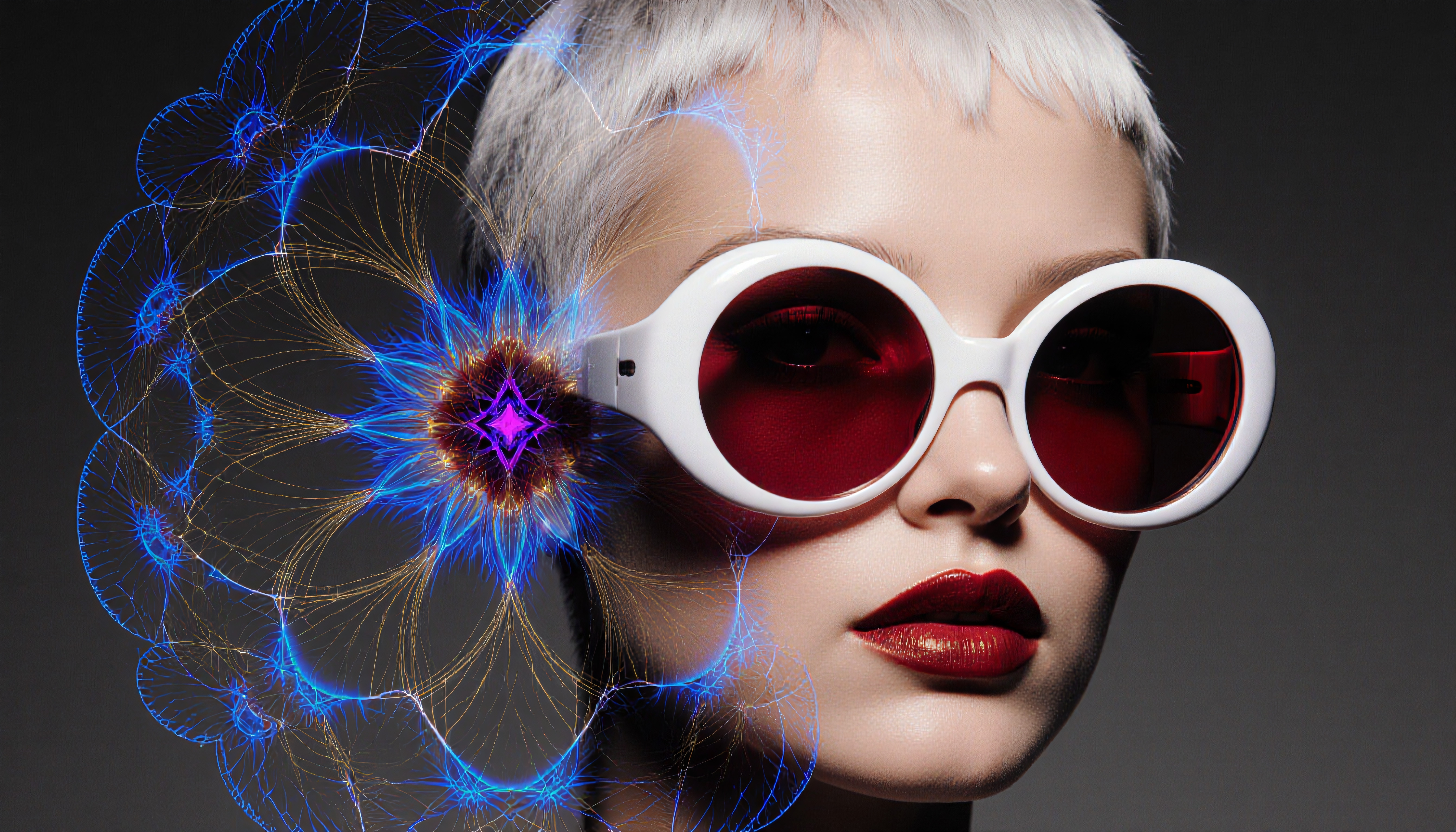 A futuristic fashion portrait with bold sunglasses and digital art elements.
