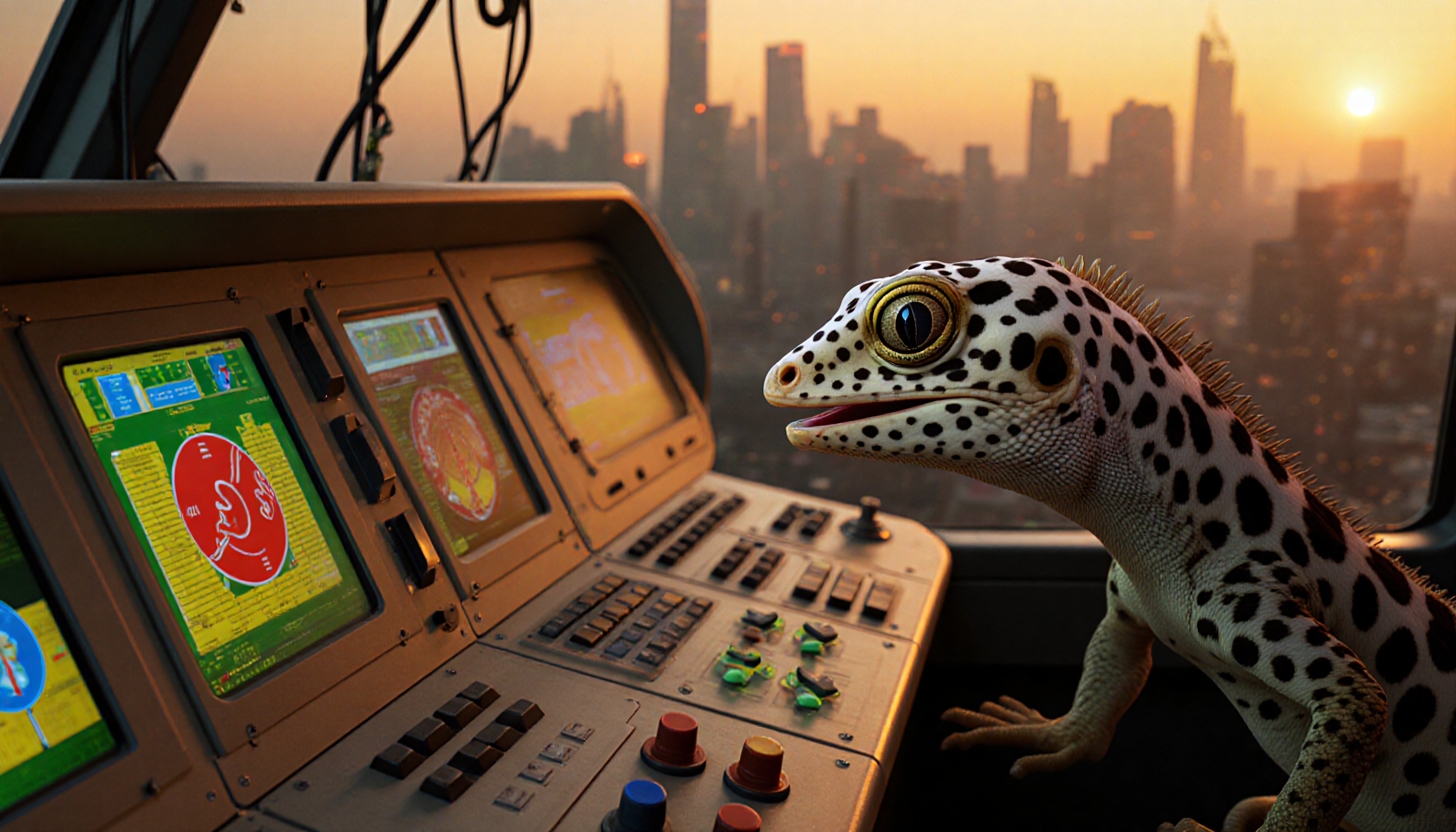 A leopard gecko in a futuristic cockpit with a cityscape backdrop at sunset.