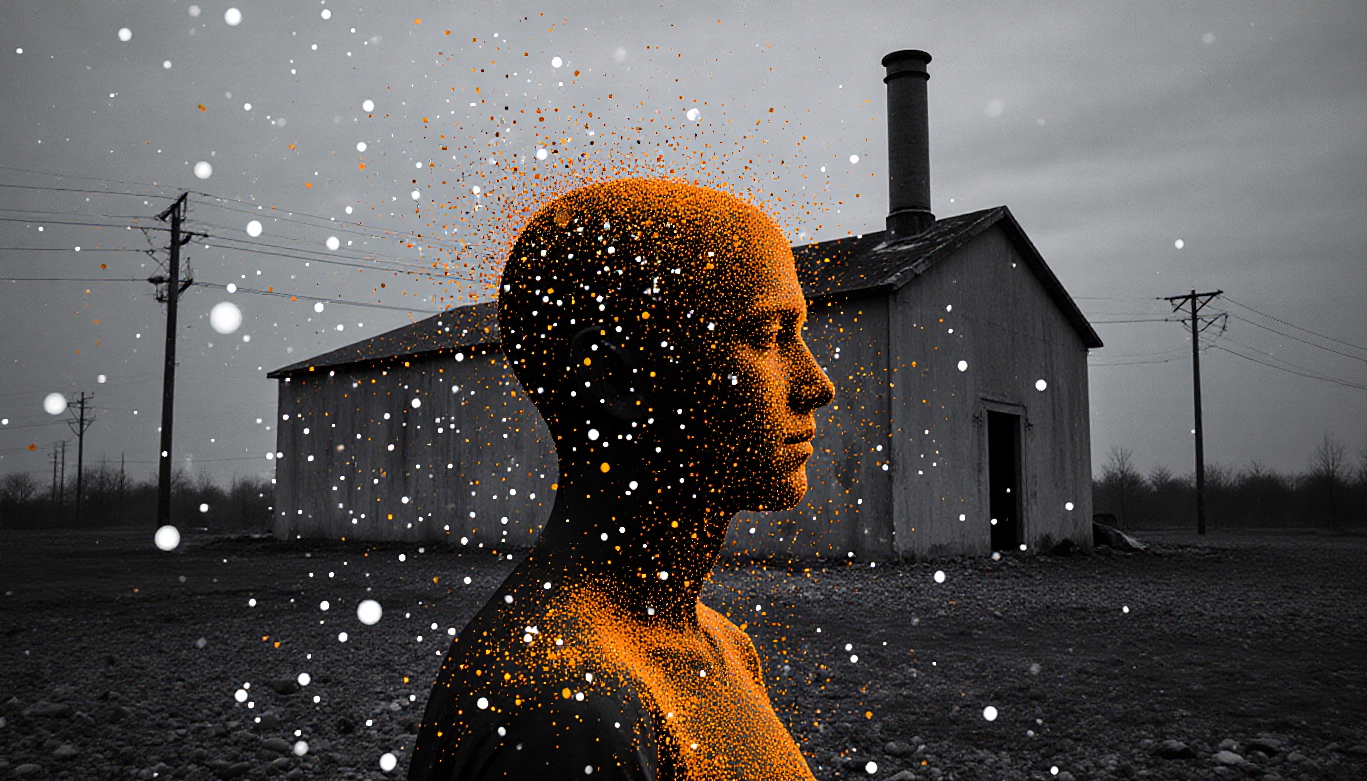A silhouetted figure with glowing particles in a grayscale rural landscape.