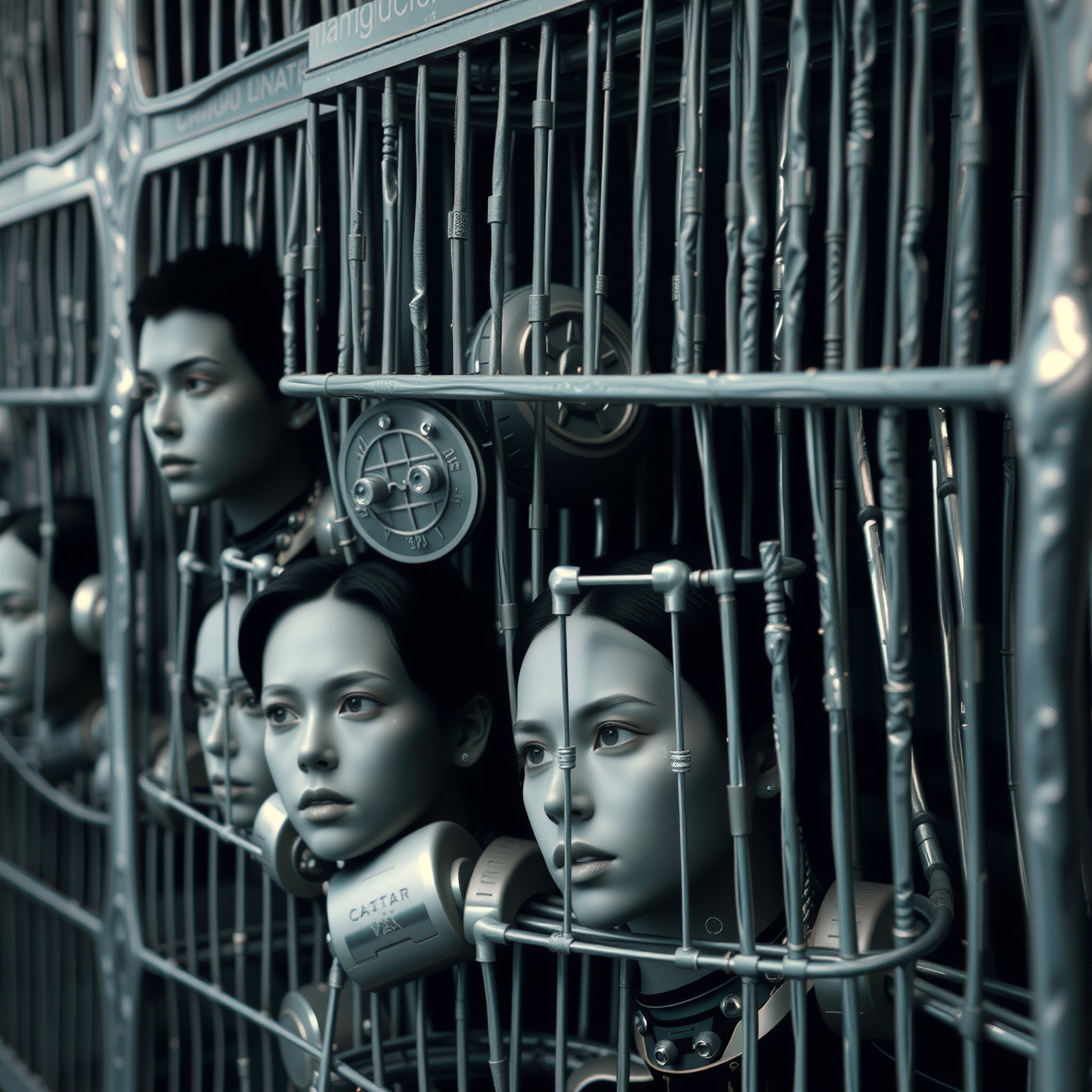 Futuristic scene with human-like faces embedded in metallic frames showcasing a blend of technology and humanity in a sci-fi setting.