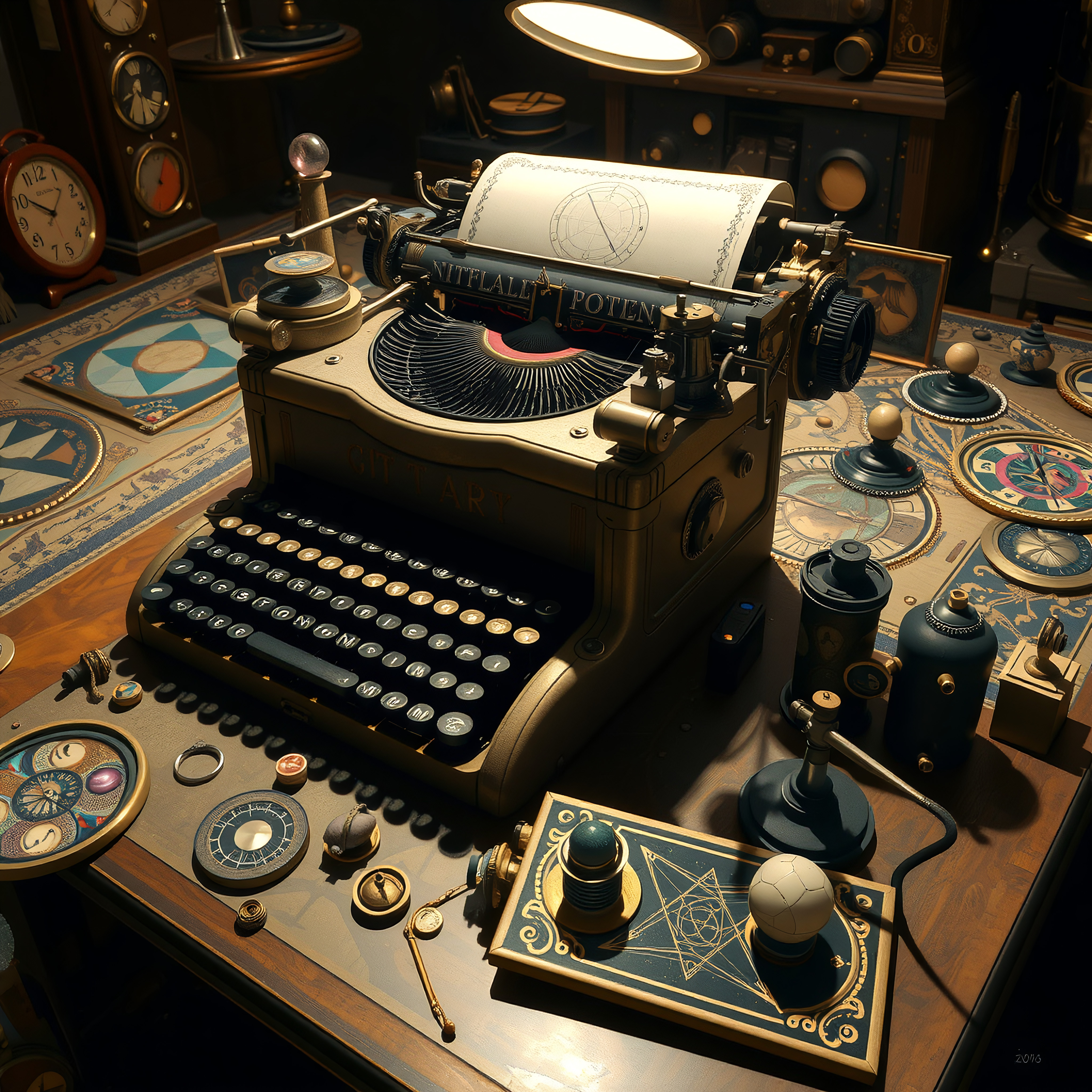 Vintage Typewriter and Mystical Desk with Astronomical Instrumen