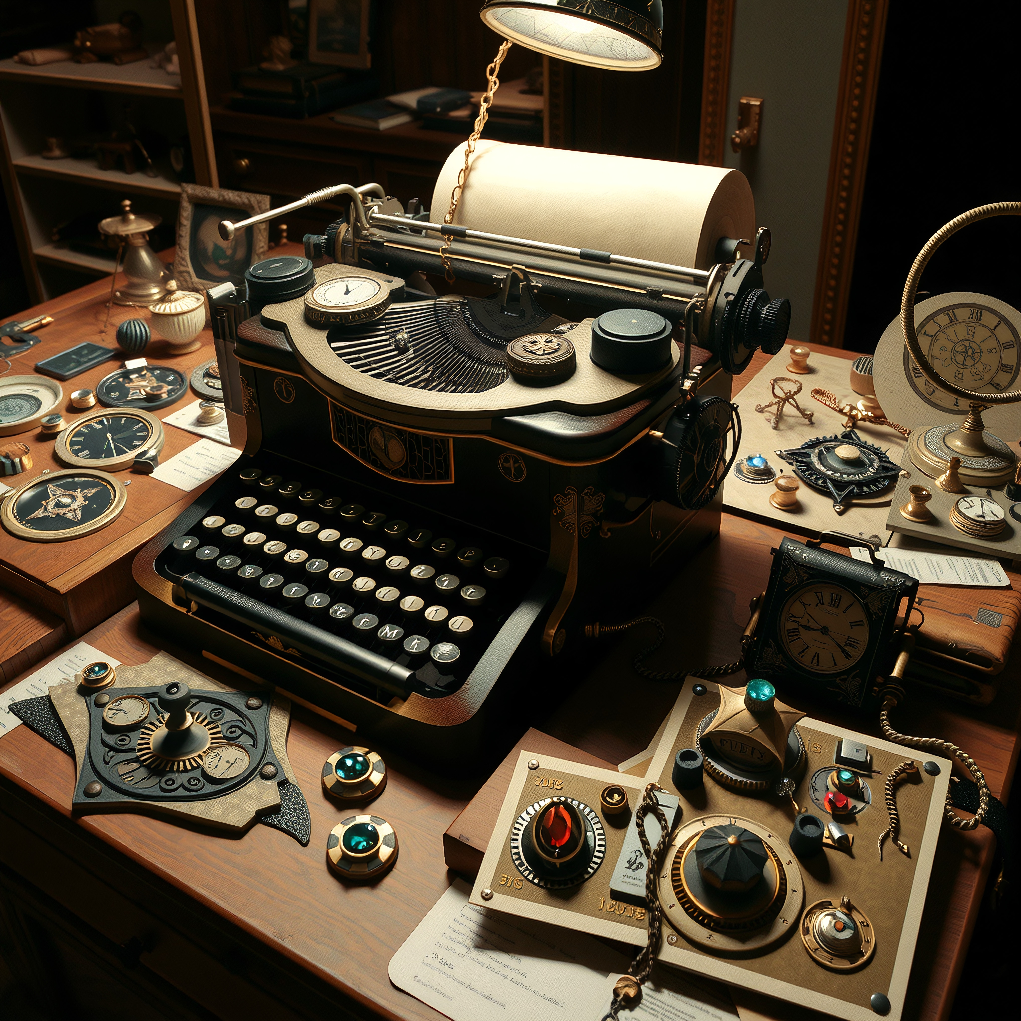 Steampunk-inspired scene with vintage typewriter surrounded by gadgets and clocks on a wooden desk.