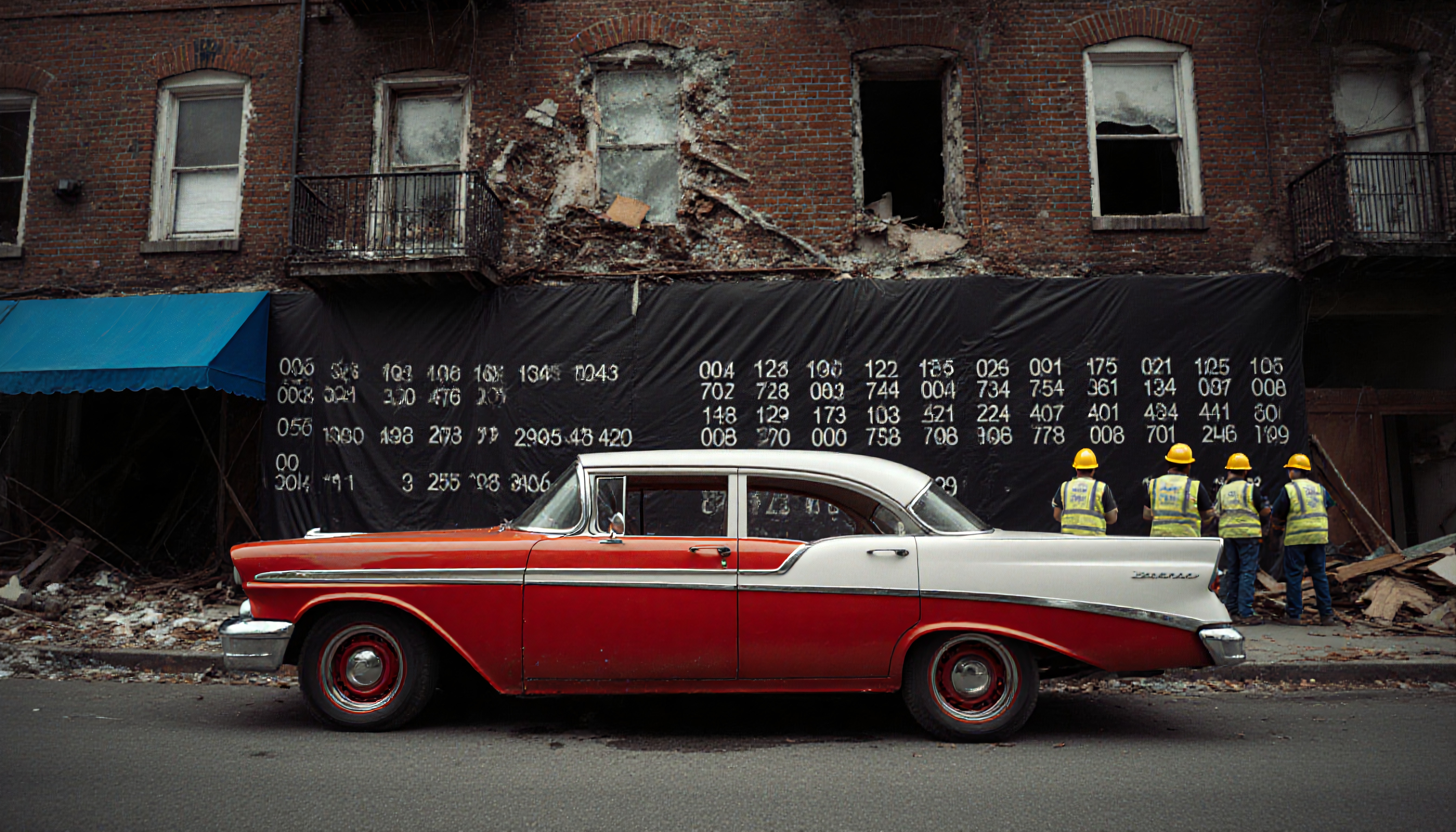A red vintage car parked on a street, with a crumbling brick building and construction workers in the background.