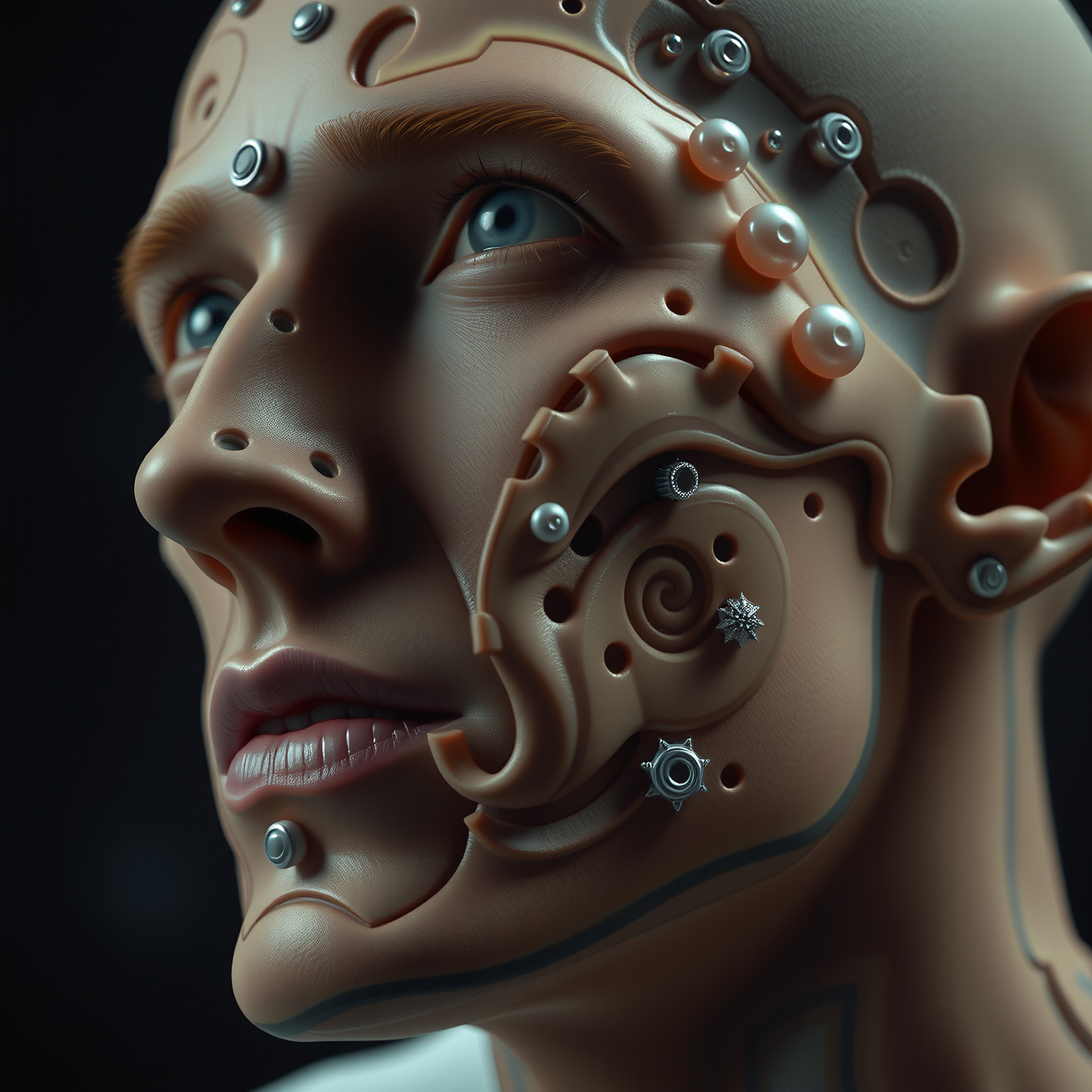 Digital artwork of futuristic humanoid with mechanical facial elements.