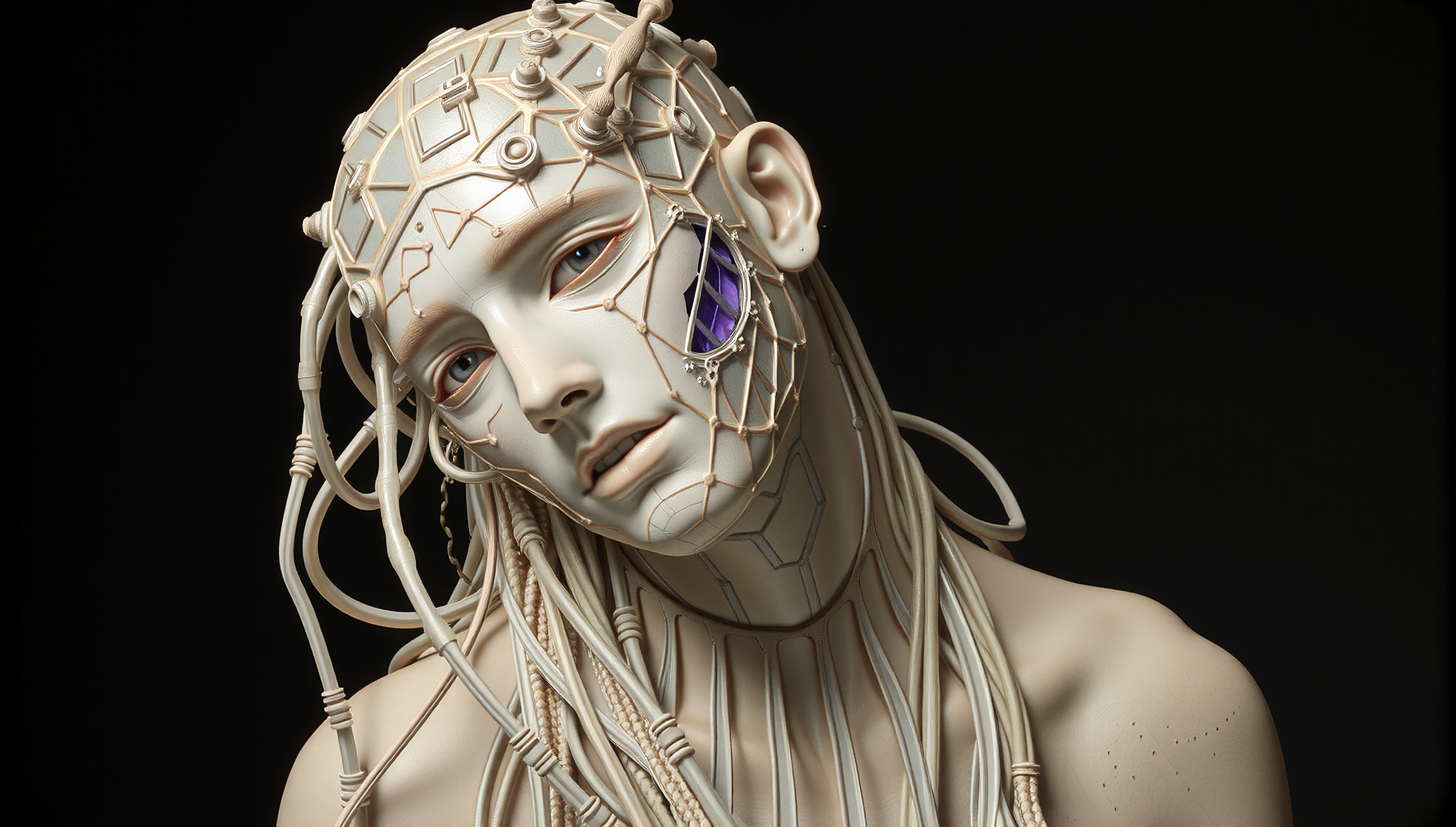 A futuristic humanoid figure with complex, metallic patterns, blending technology and artistry against a dark backdrop.