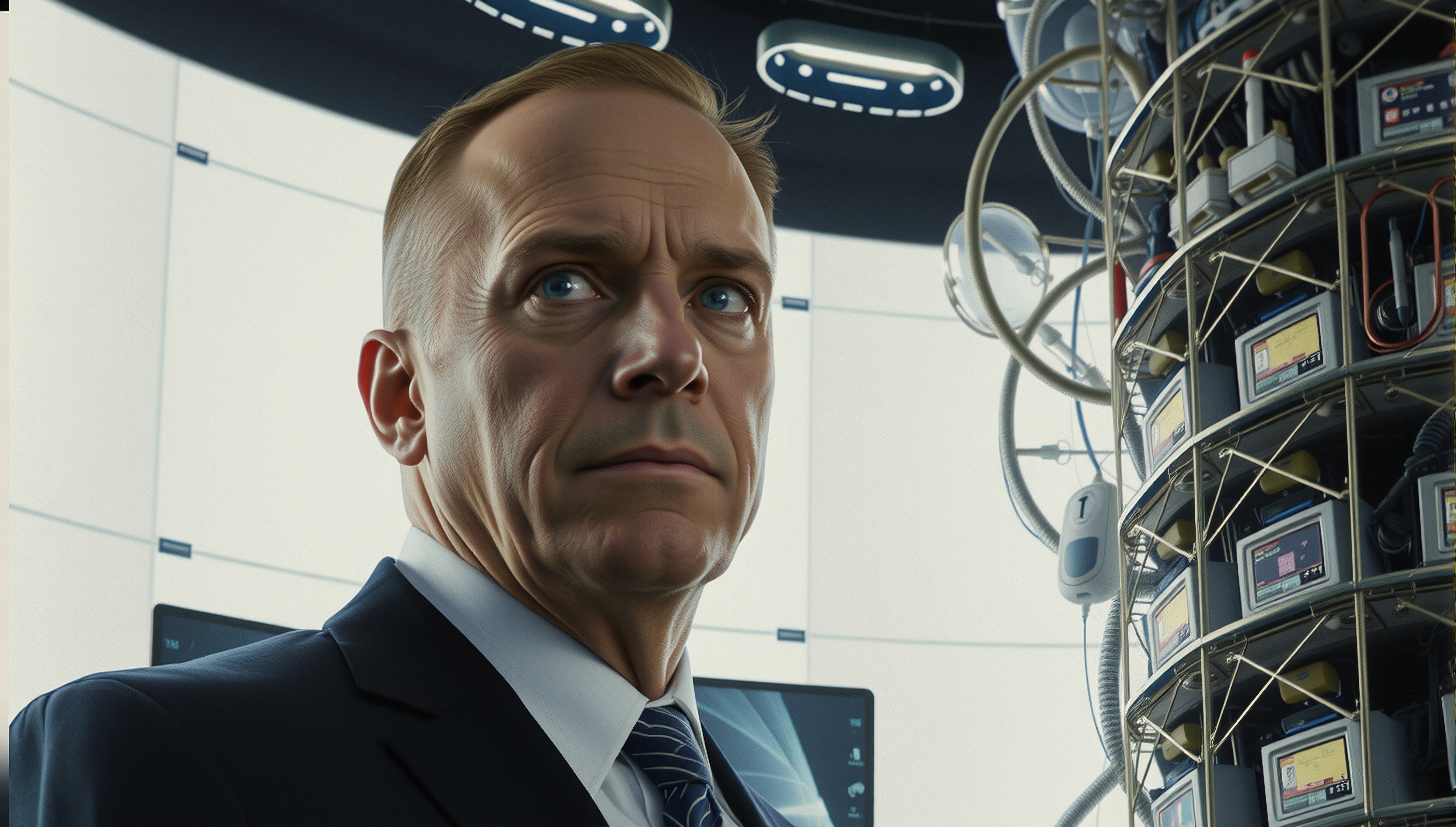 A man stands in a futuristic lab surrounded by advanced technology.