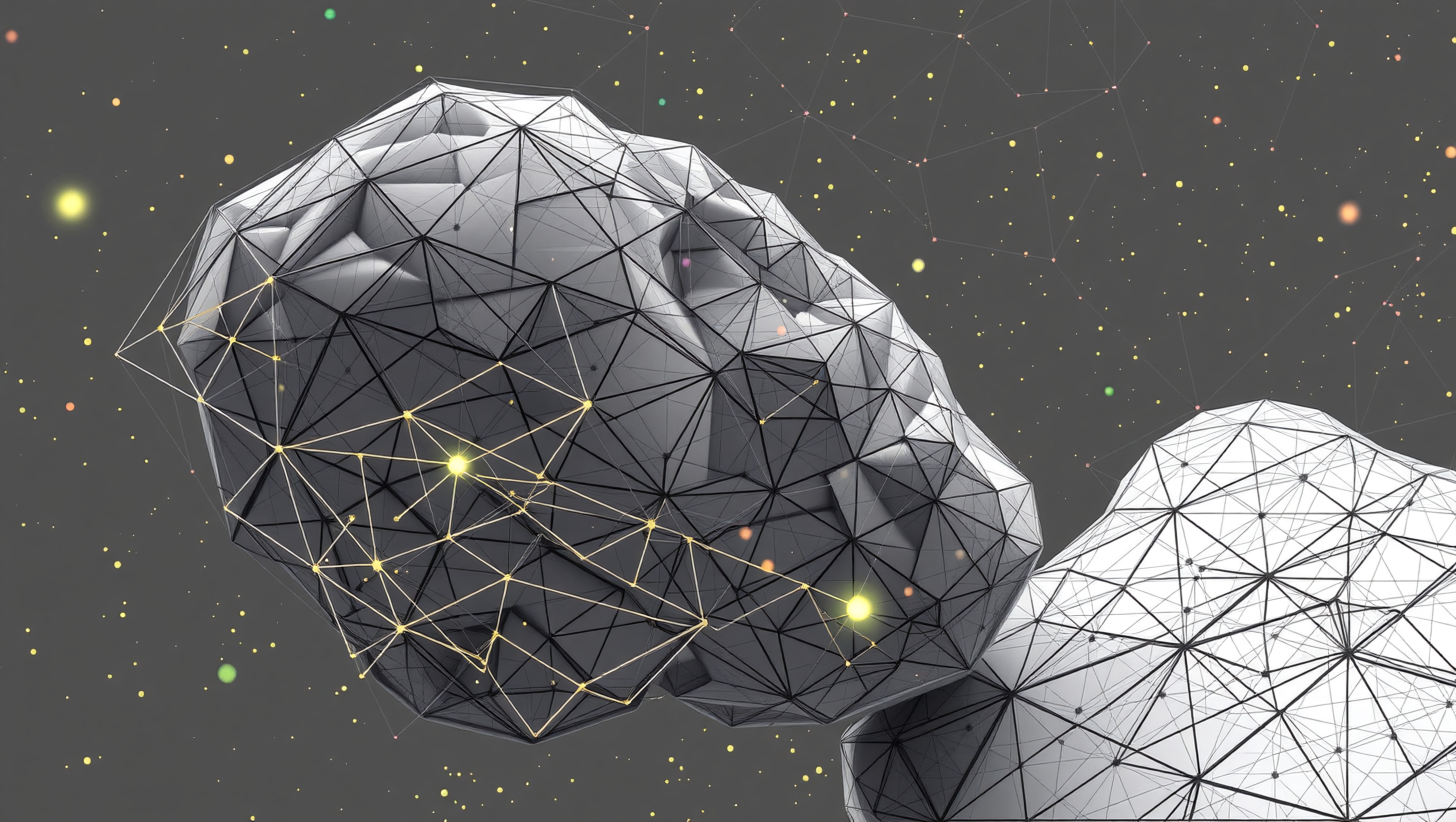 An abstract geometric structure with lights and a cosmic backdrop, depicting futuristic connectivity.