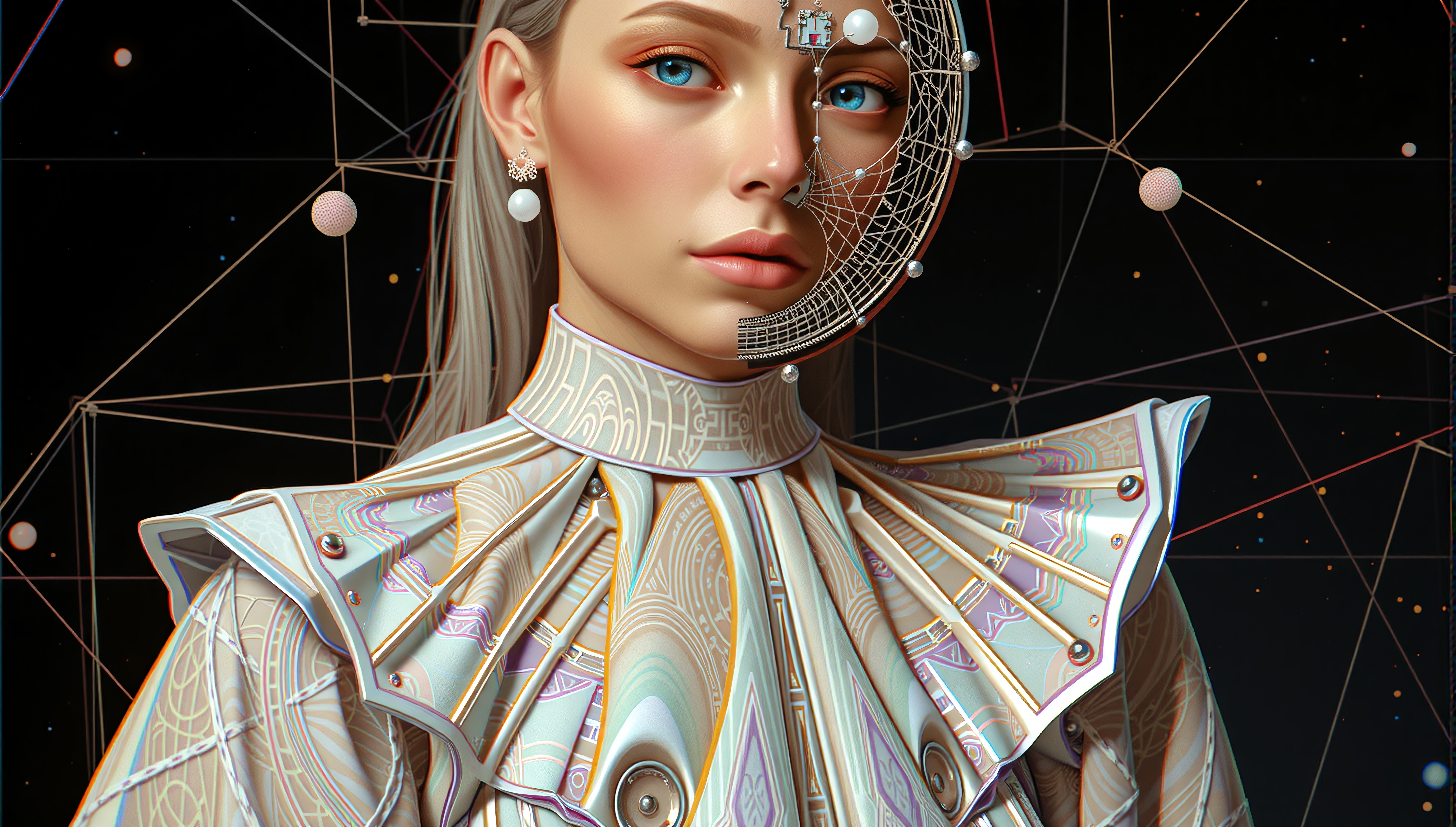 Cybernetic Futuristic Woman in High-Tech Armor Against Geometric