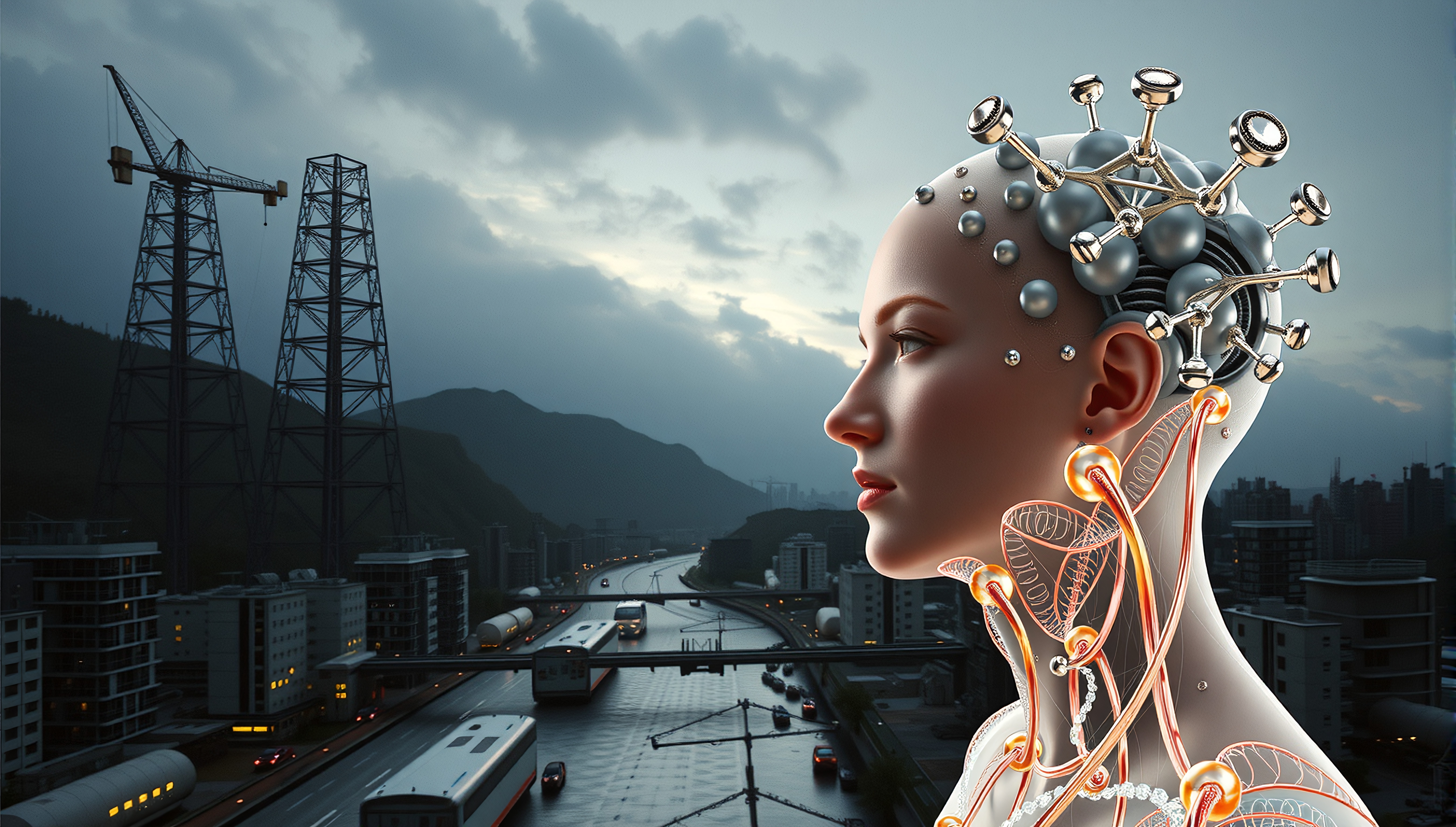 Futuristic woman with neural interface overlooking high-tech cityscape during sunset