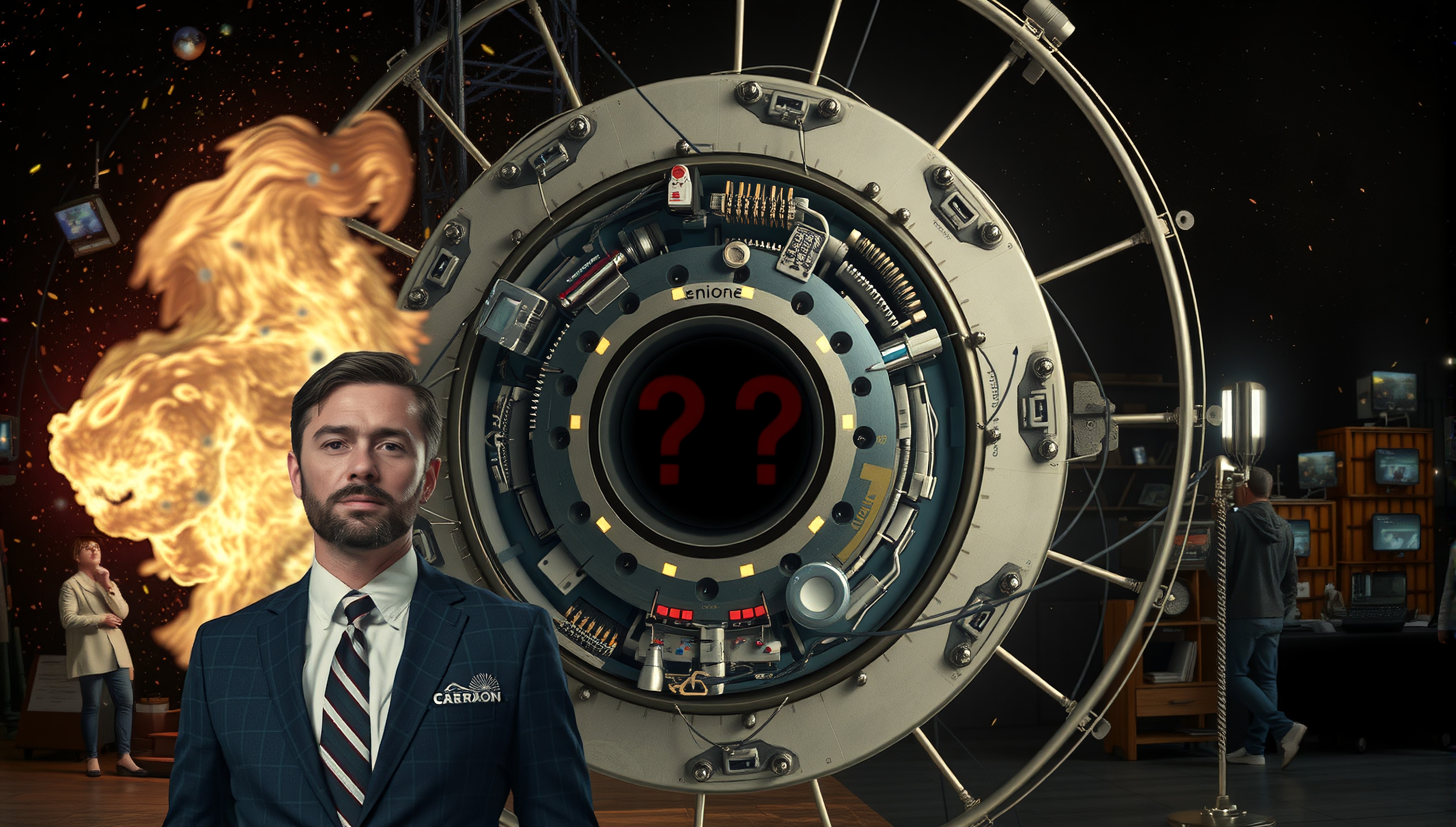 A man in a suit stands by a large, detailed mechanical device with a question mark, while a fiery lion and vintage televisions create a mysterious, sci-fi scene.