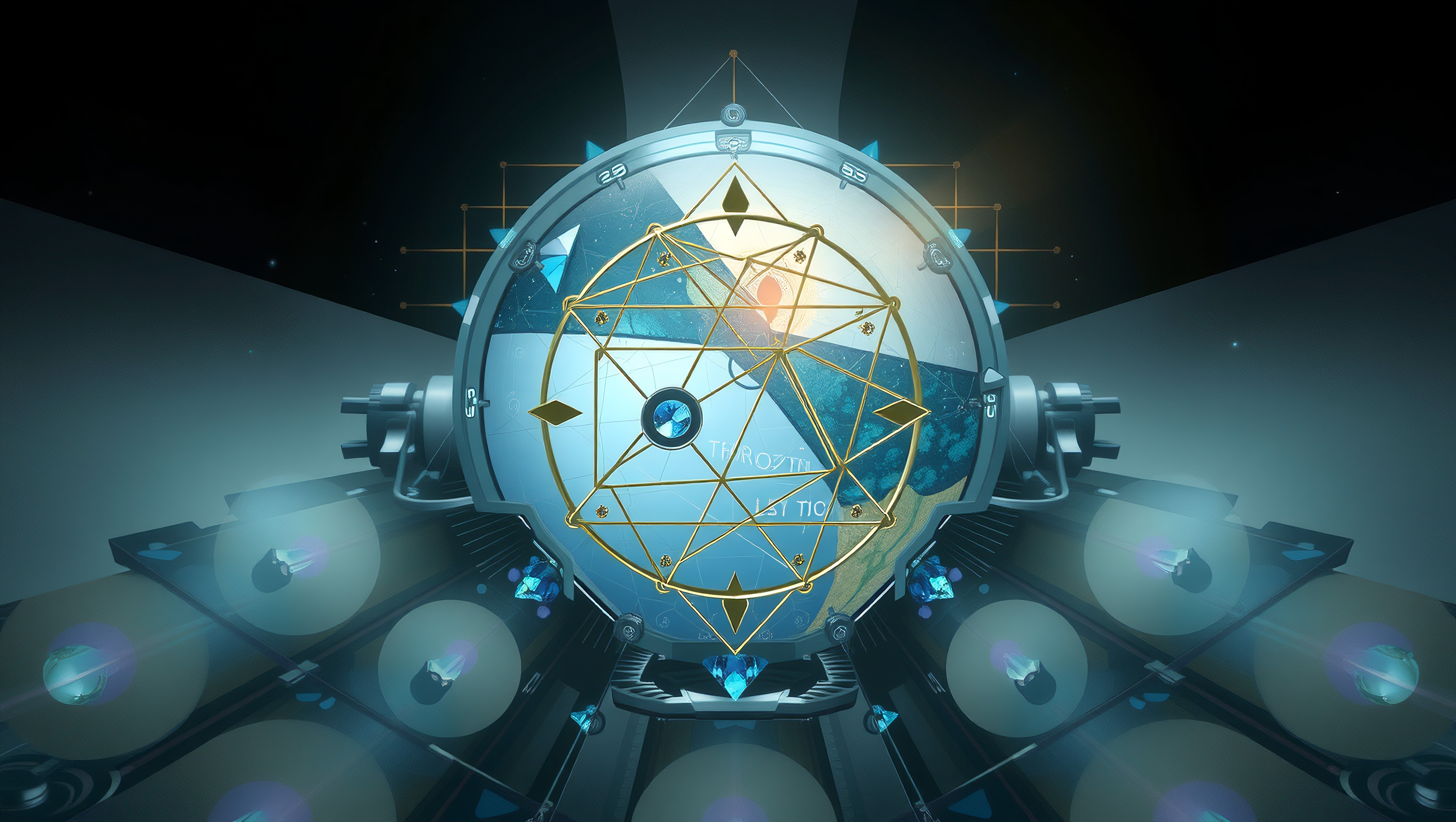 Futuristic orb with golden geometric patterns, blue glow, and complex reflections.