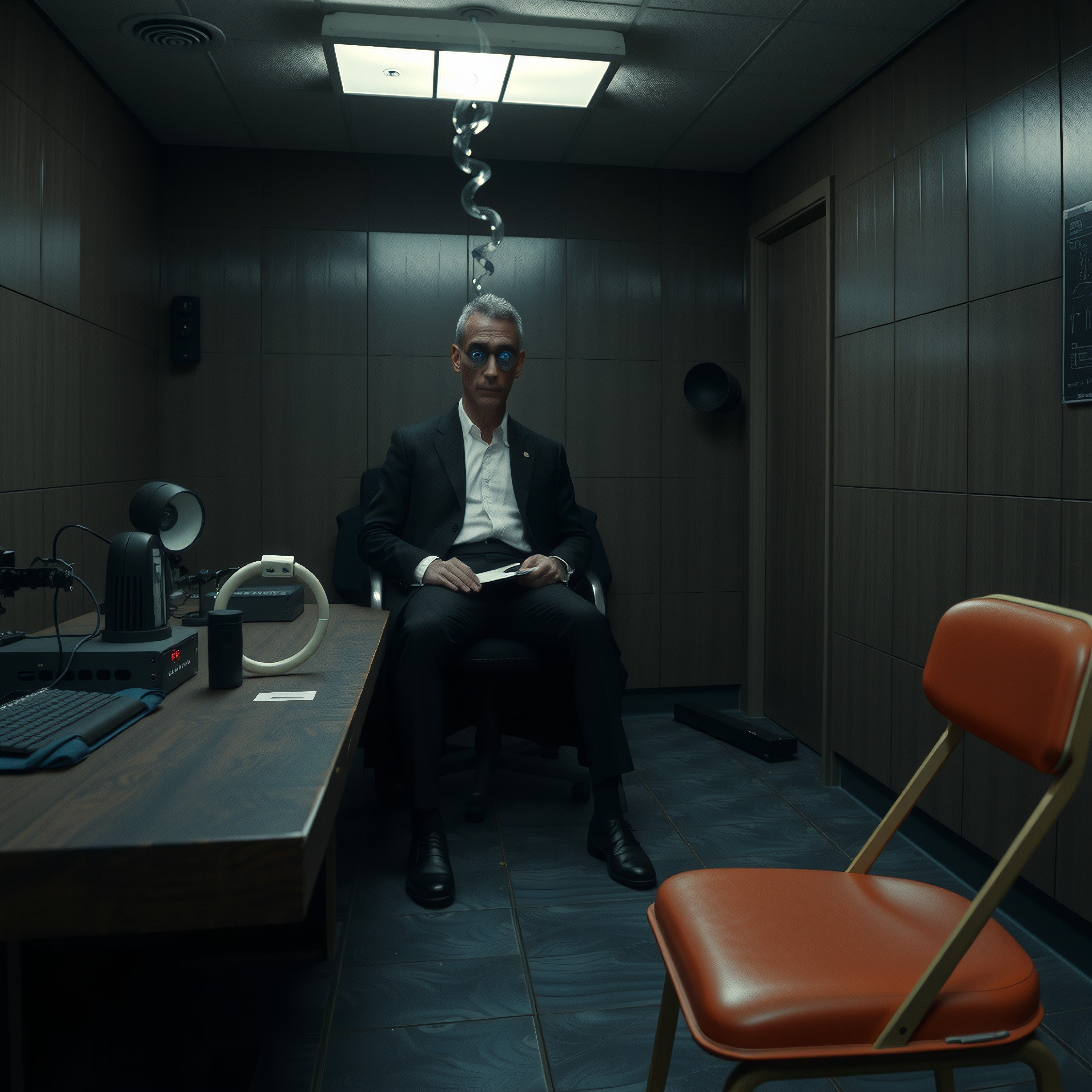 Man in suit sits in dim office with orange chair and tech gadgets.