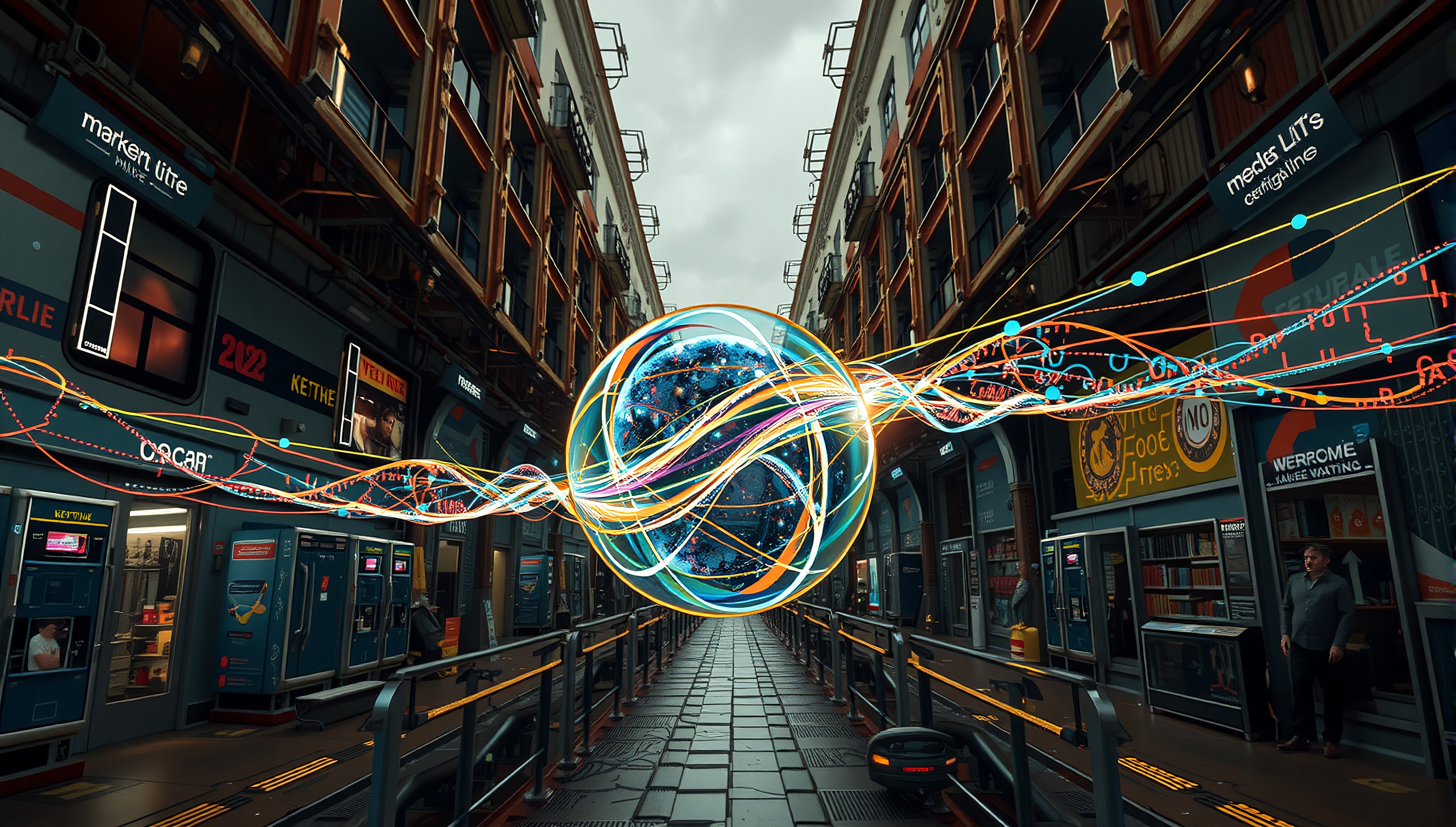 Futuristic city alley with luminous sphere and vibrant digital art.