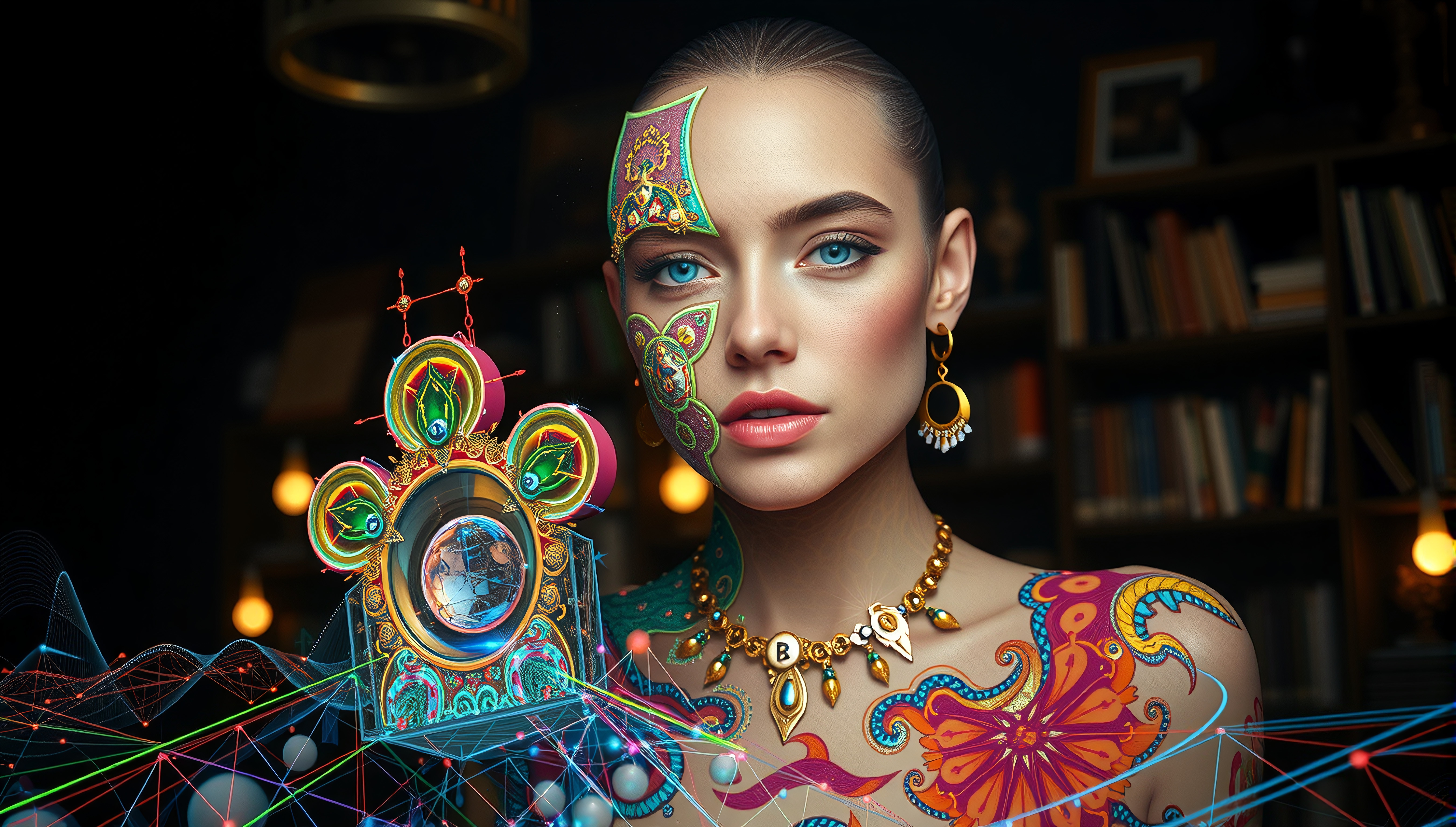 A woman with futuristic patterns and gold jewelry, set against a digital-themed background with a luminescent device.