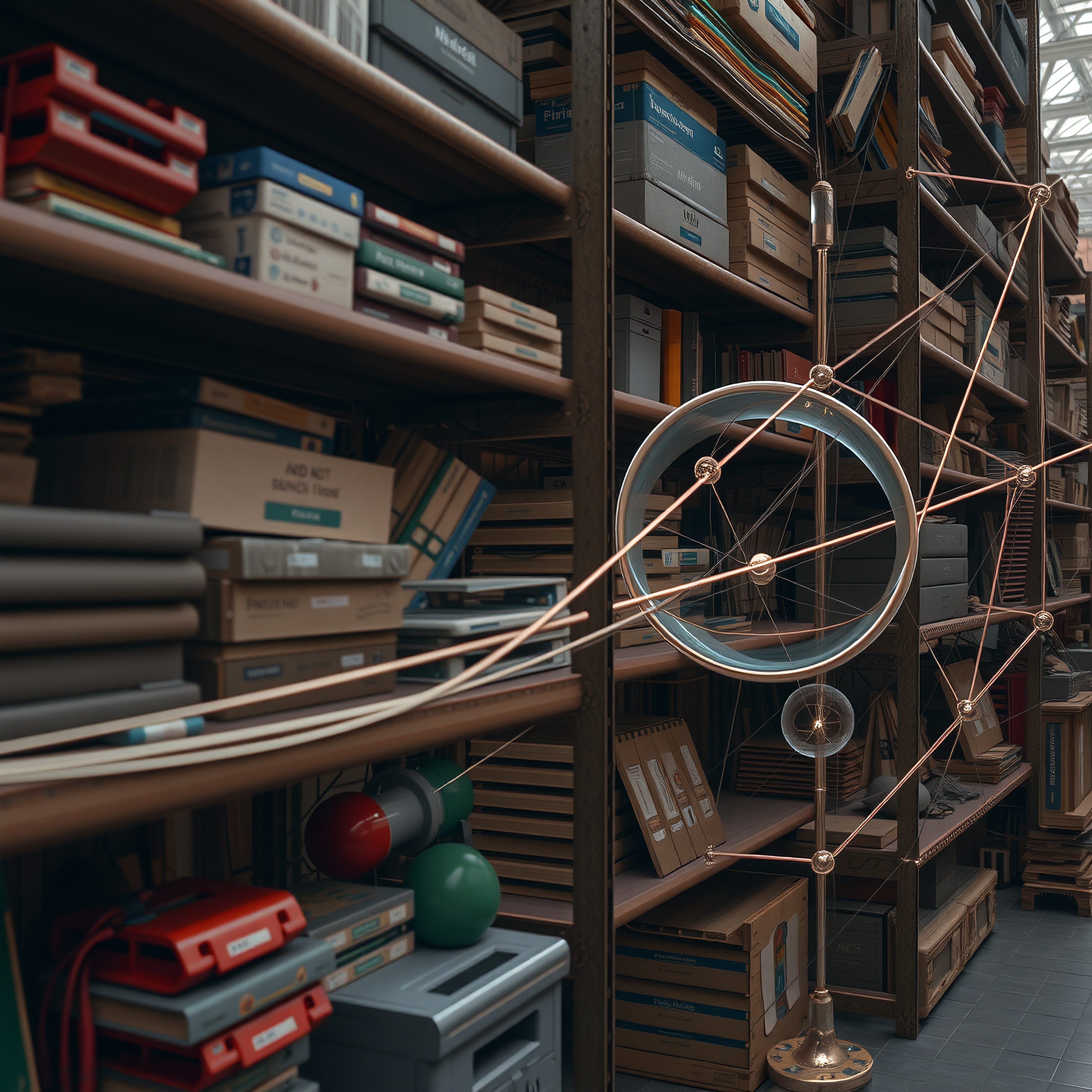 An archive with books, boxes, and a futuristic scientific instrument.