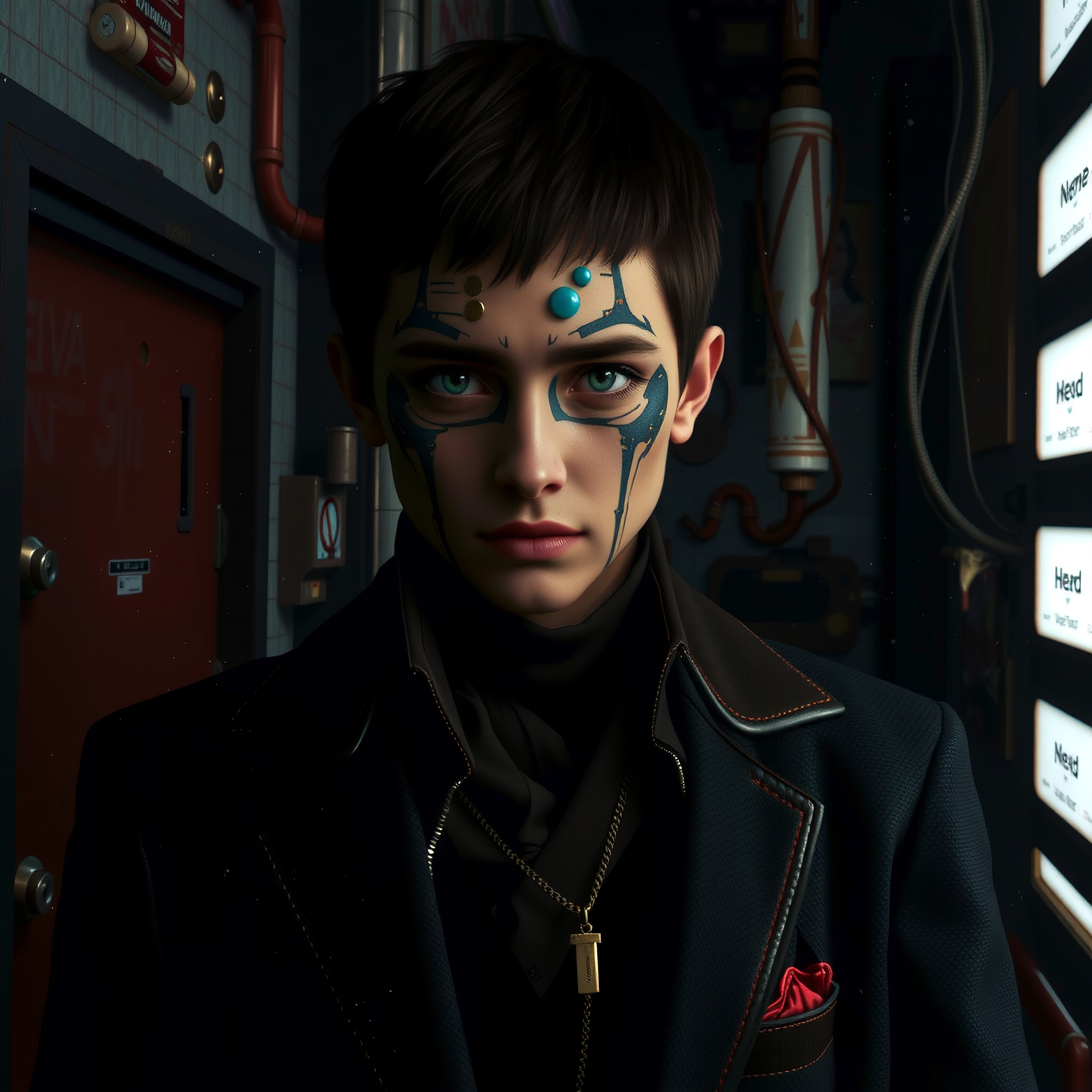 A young person with futuristic facial markings stands in a dimly lit, technologically advanced setting, exuding a mysterious and modern cyberpunk vibe.