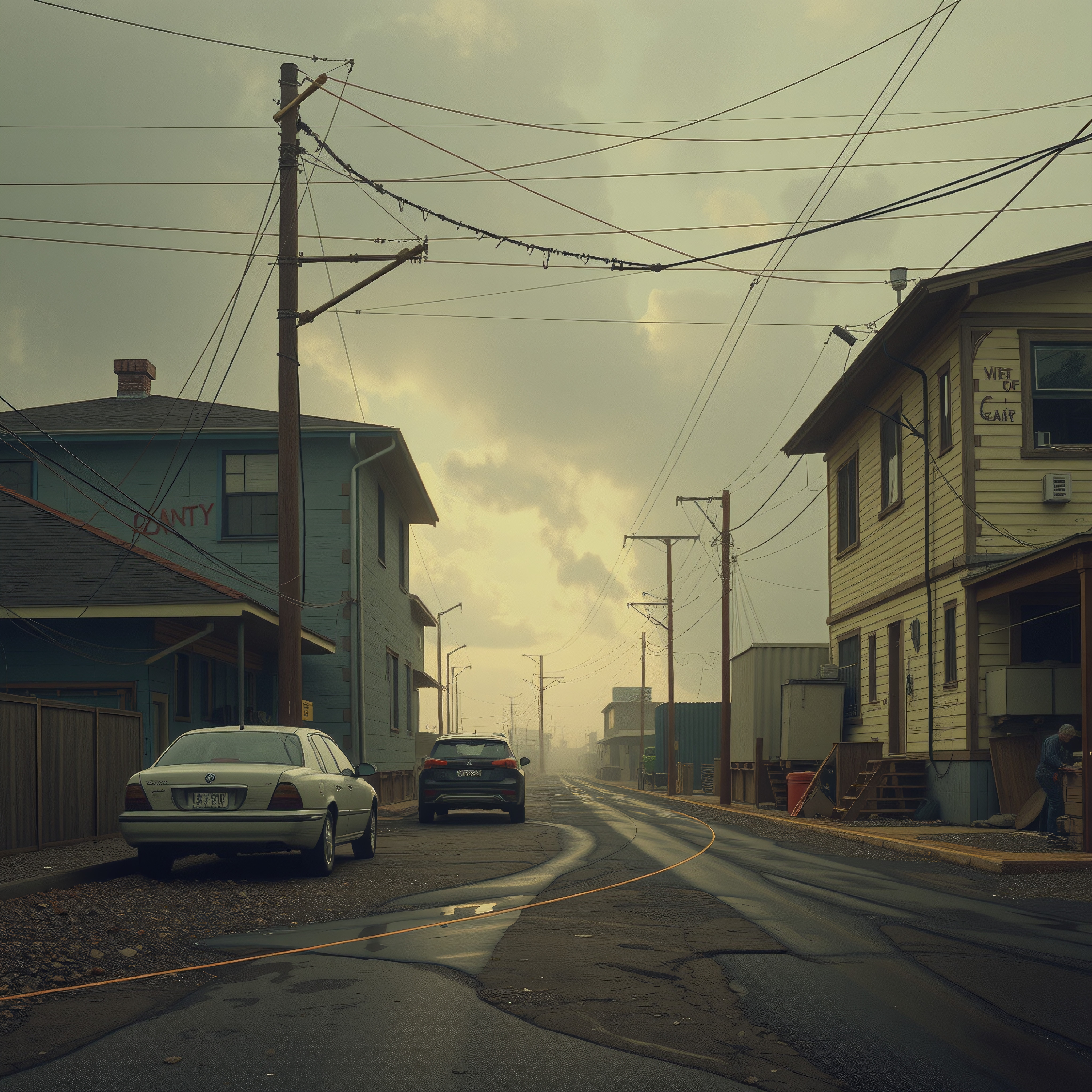An overcast street scene with parked cars, rustic buildings, and power lines conveying solitude and tranquility.