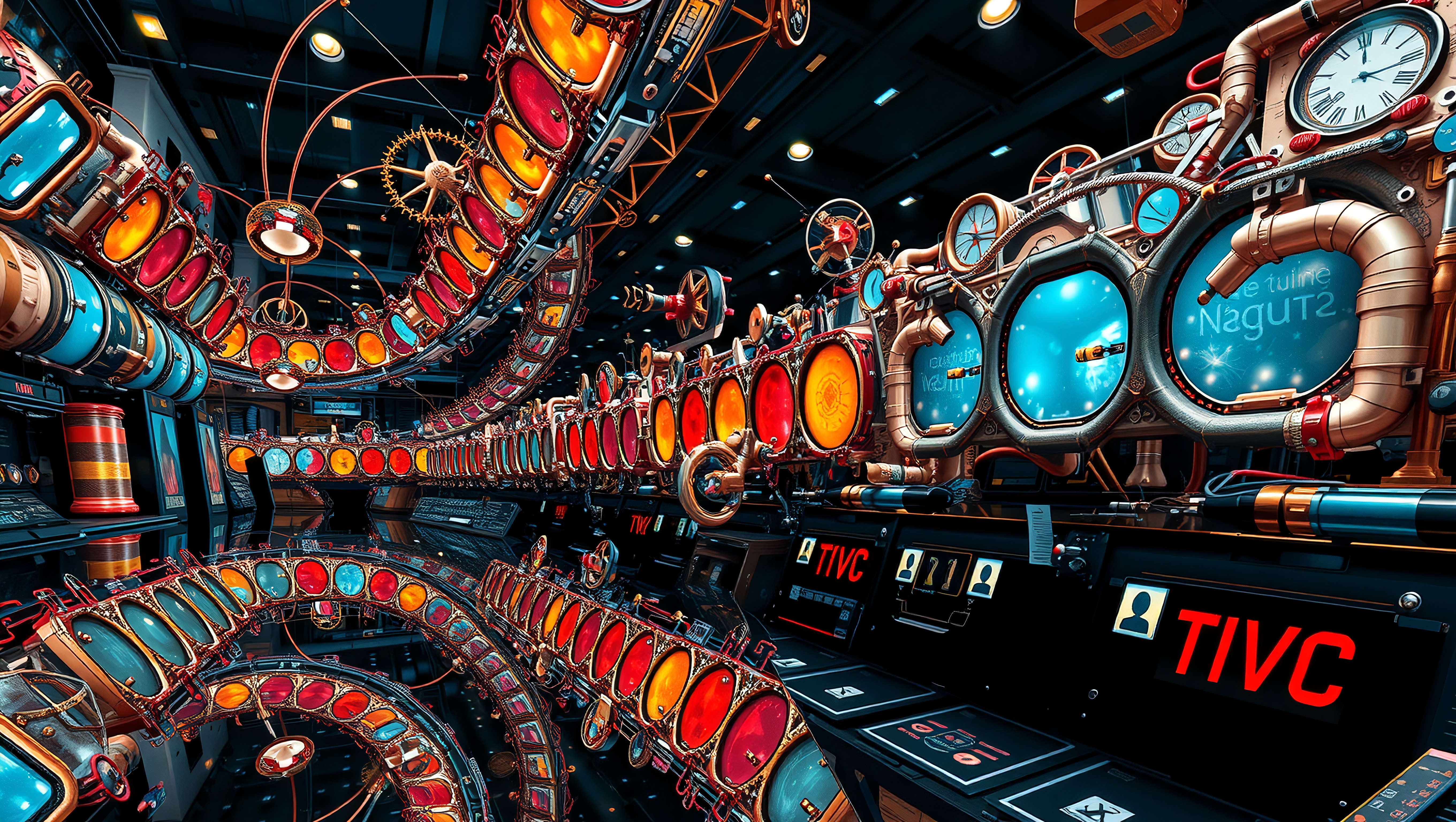 Futuristic sci-fi control room with glowing orbs, pipes, clocks, TIVC terminals, and complex machinery