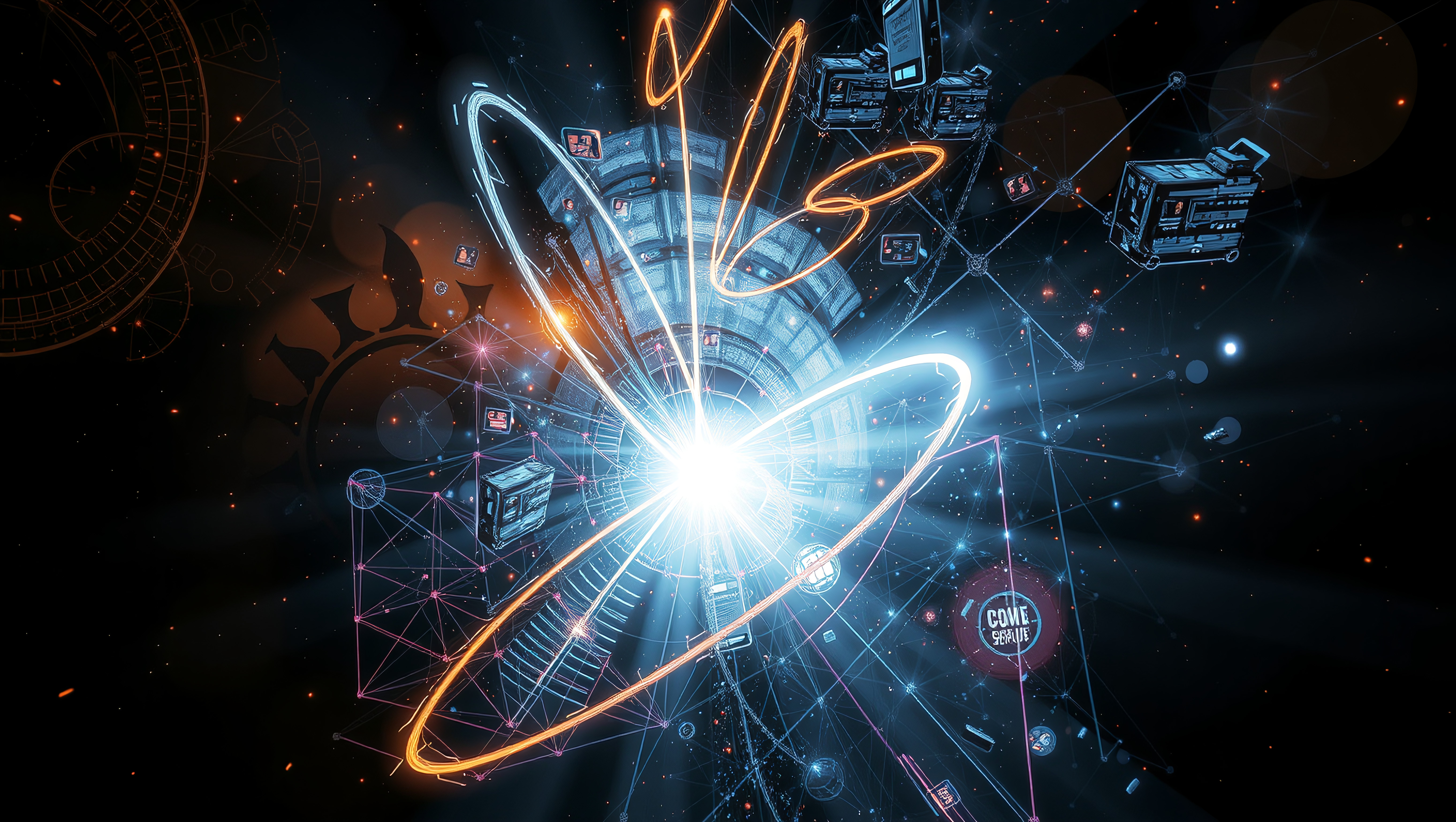 A digital universe with luminous geometric nodes and vibrant colors.
