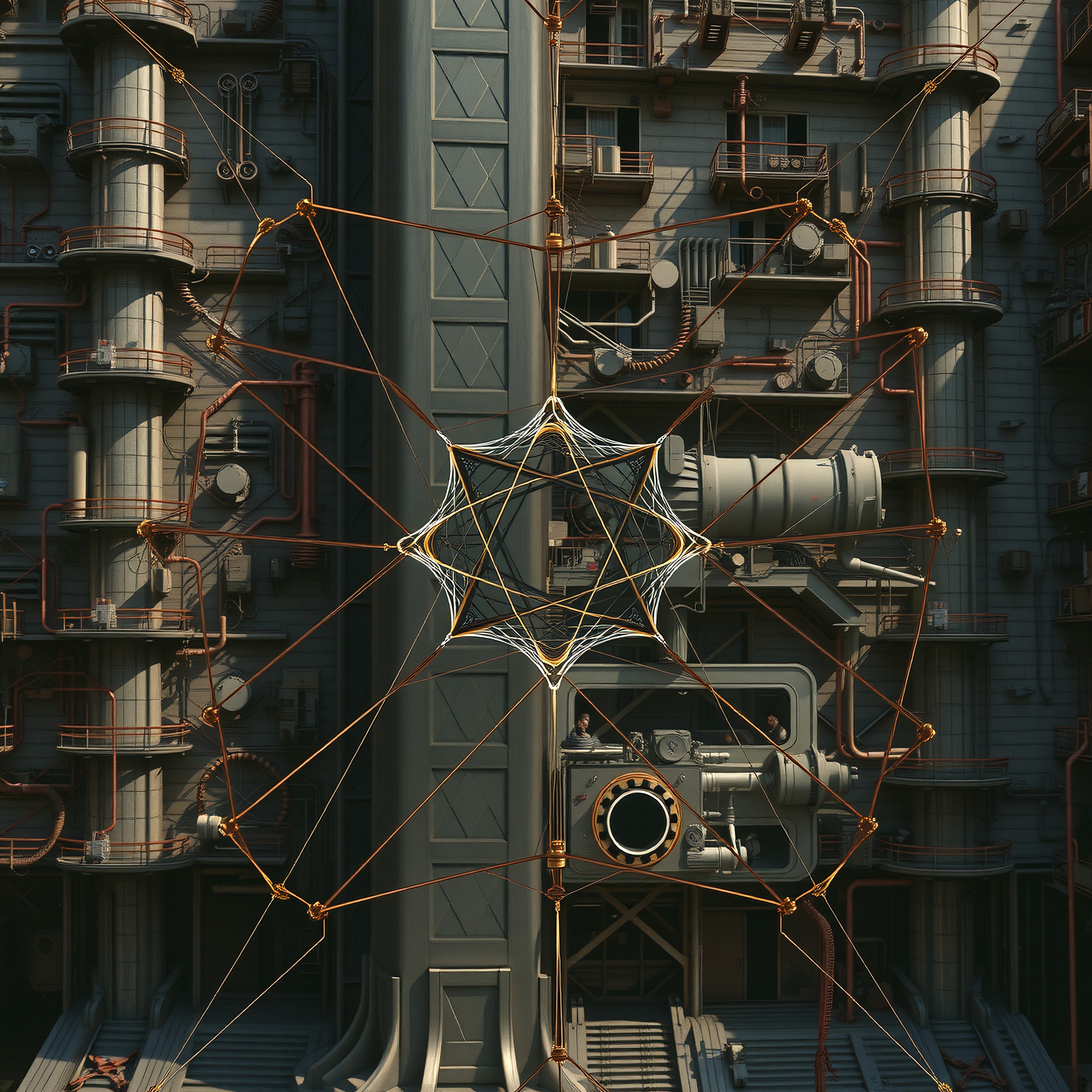 Futuristic industrial scene with intricate geometric structure suspended amidst advanced machinery and architecture.