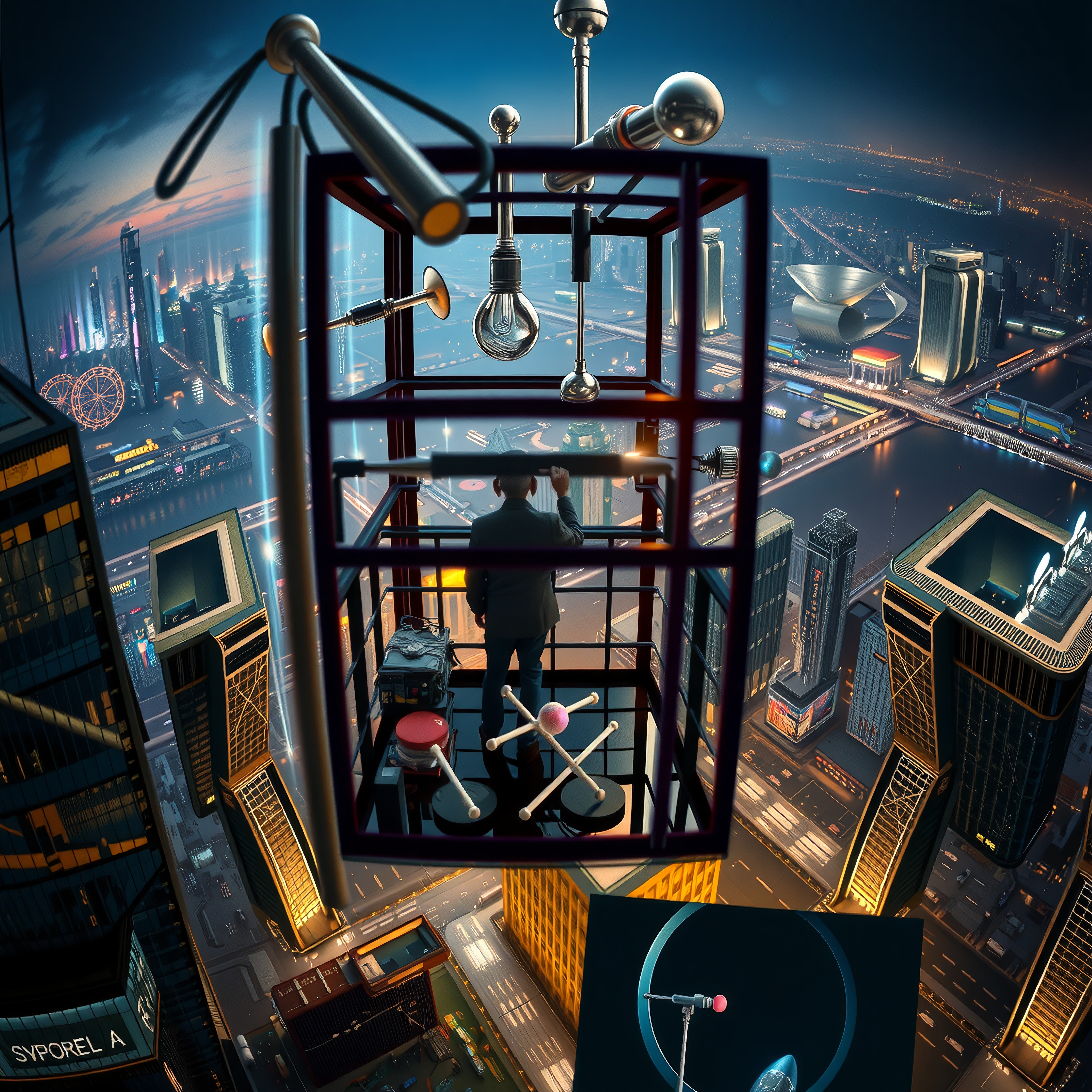 Scientist observes glowing city from floating lab platform