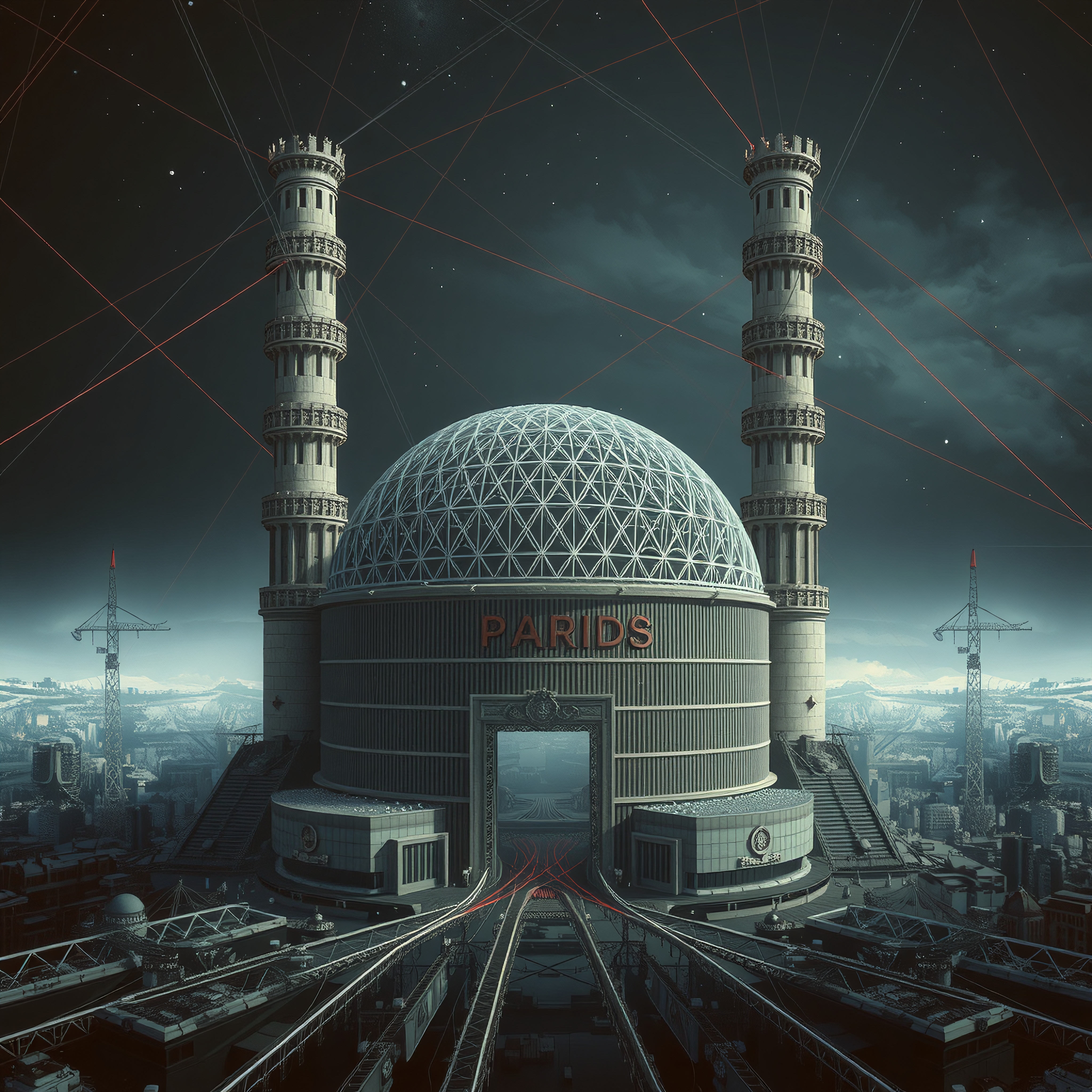 Futuristic domed city gate with towers, laser grid, PARIDS sign, night skyline, sci-fi transportation hub