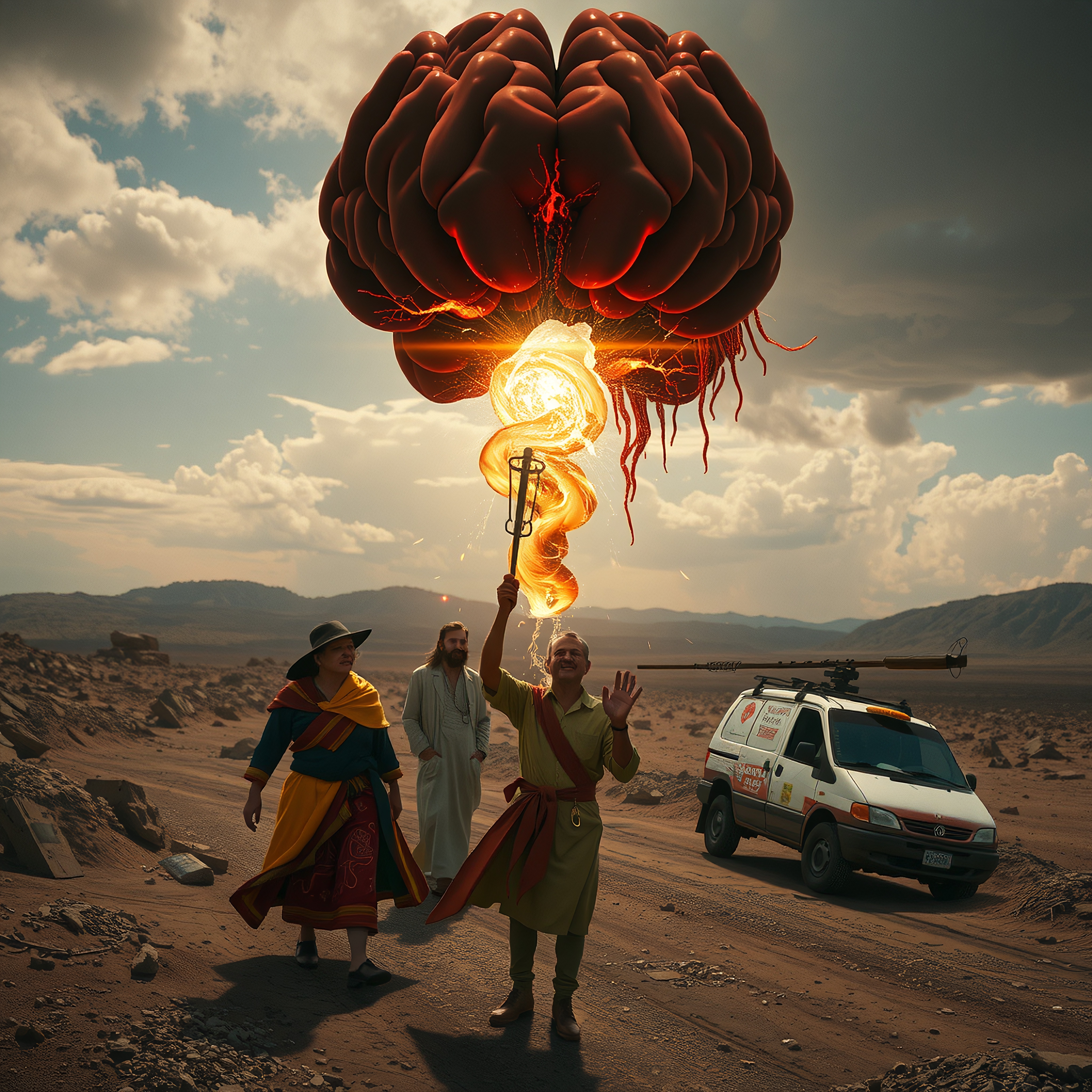 A group in a desert holds a glowing brain aloft; vehicle nearby, sky dramatic.