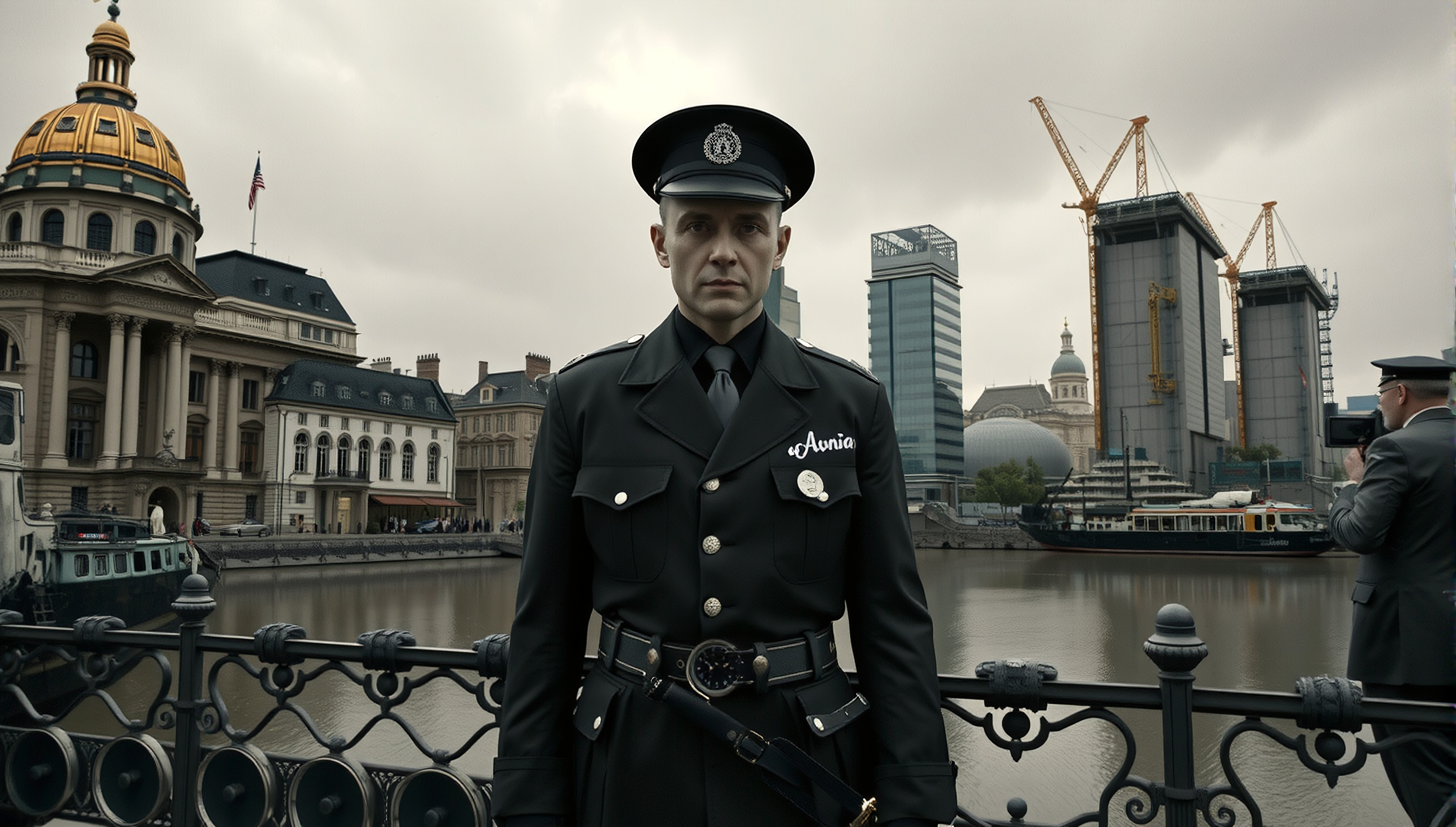 Uniformed Officer Standing by Riverfront with Historic and Moder