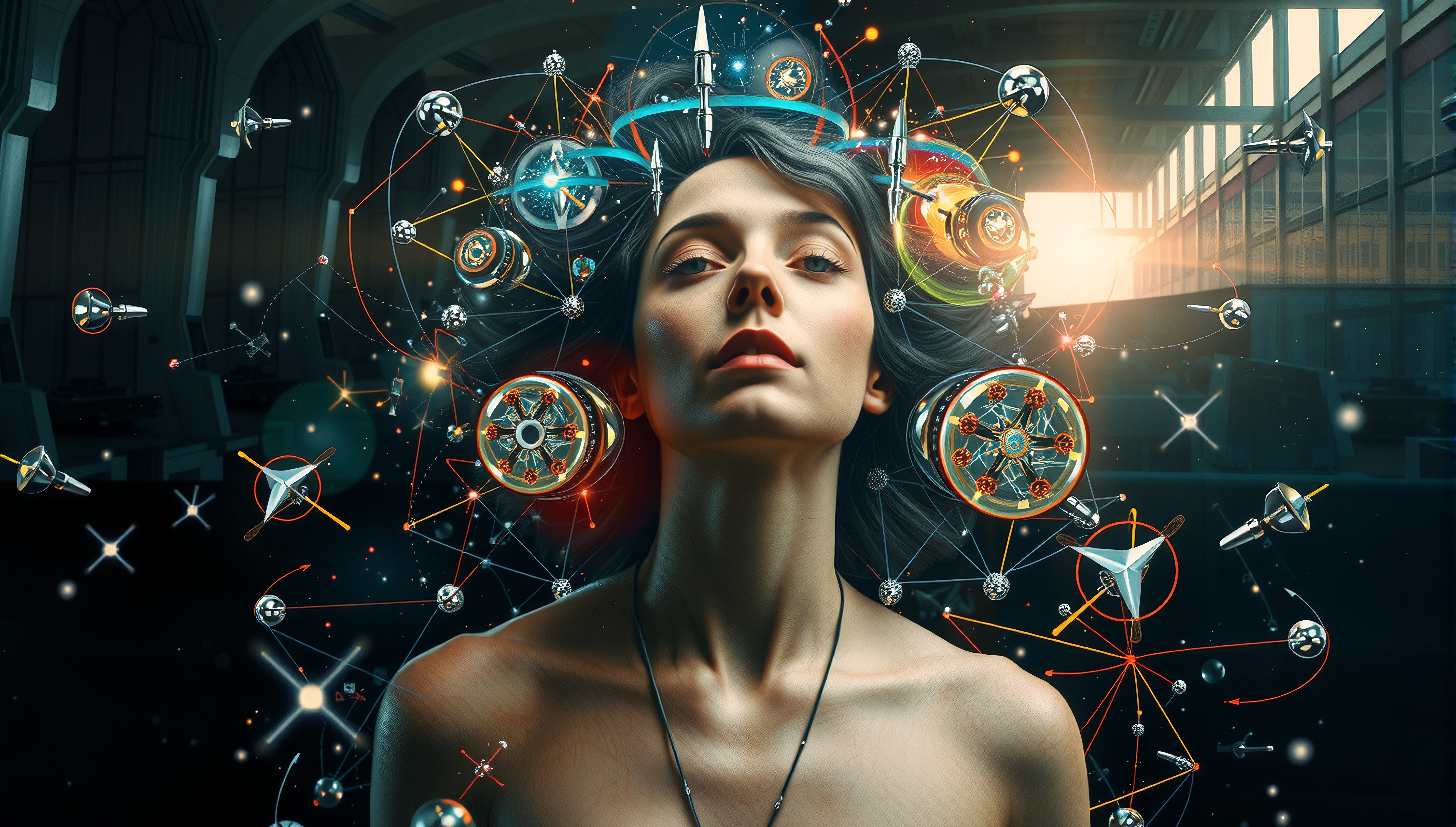 A woman surrounded by futuristic technological elements, symbolizing the fusion of human consciousness with advanced technology.