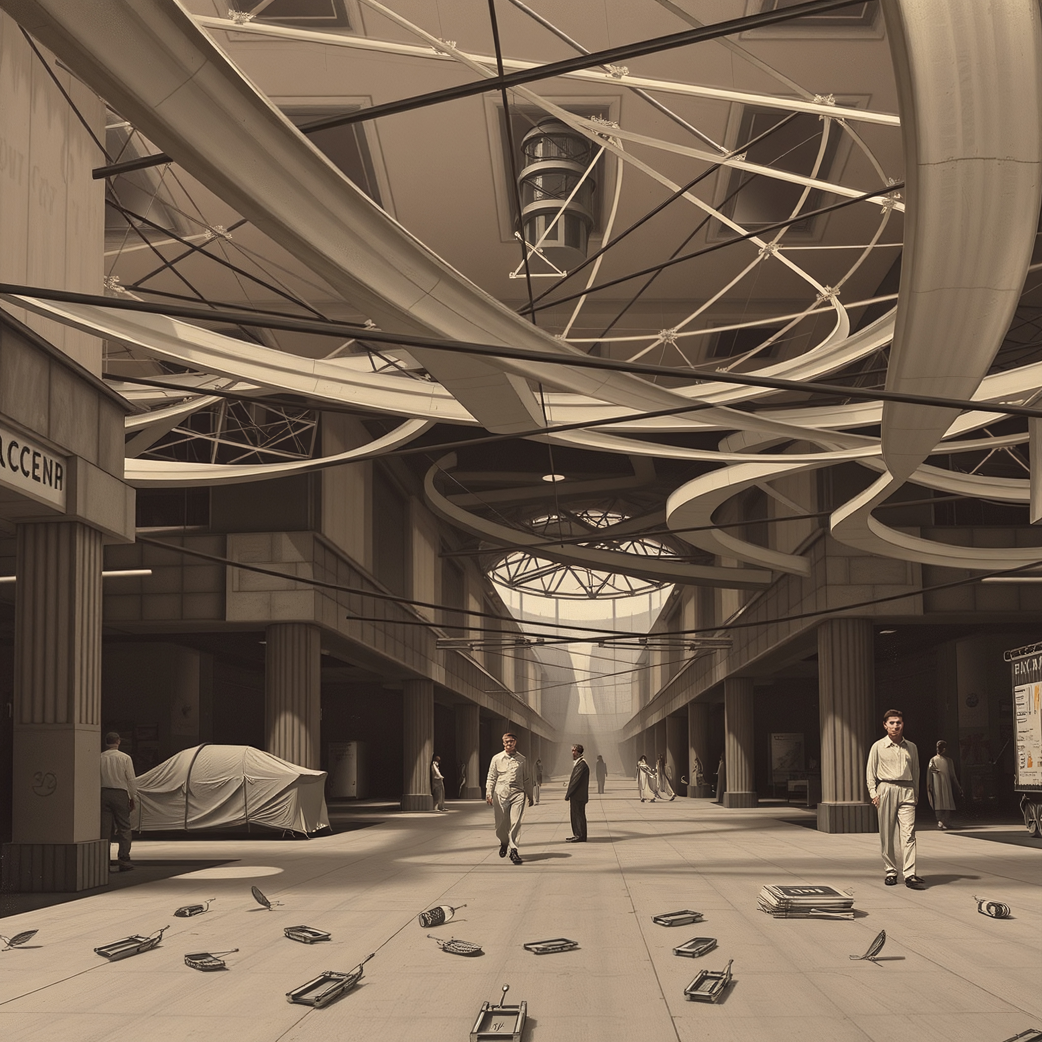 A futuristic corridor with people, metal structures, and scattered objects.