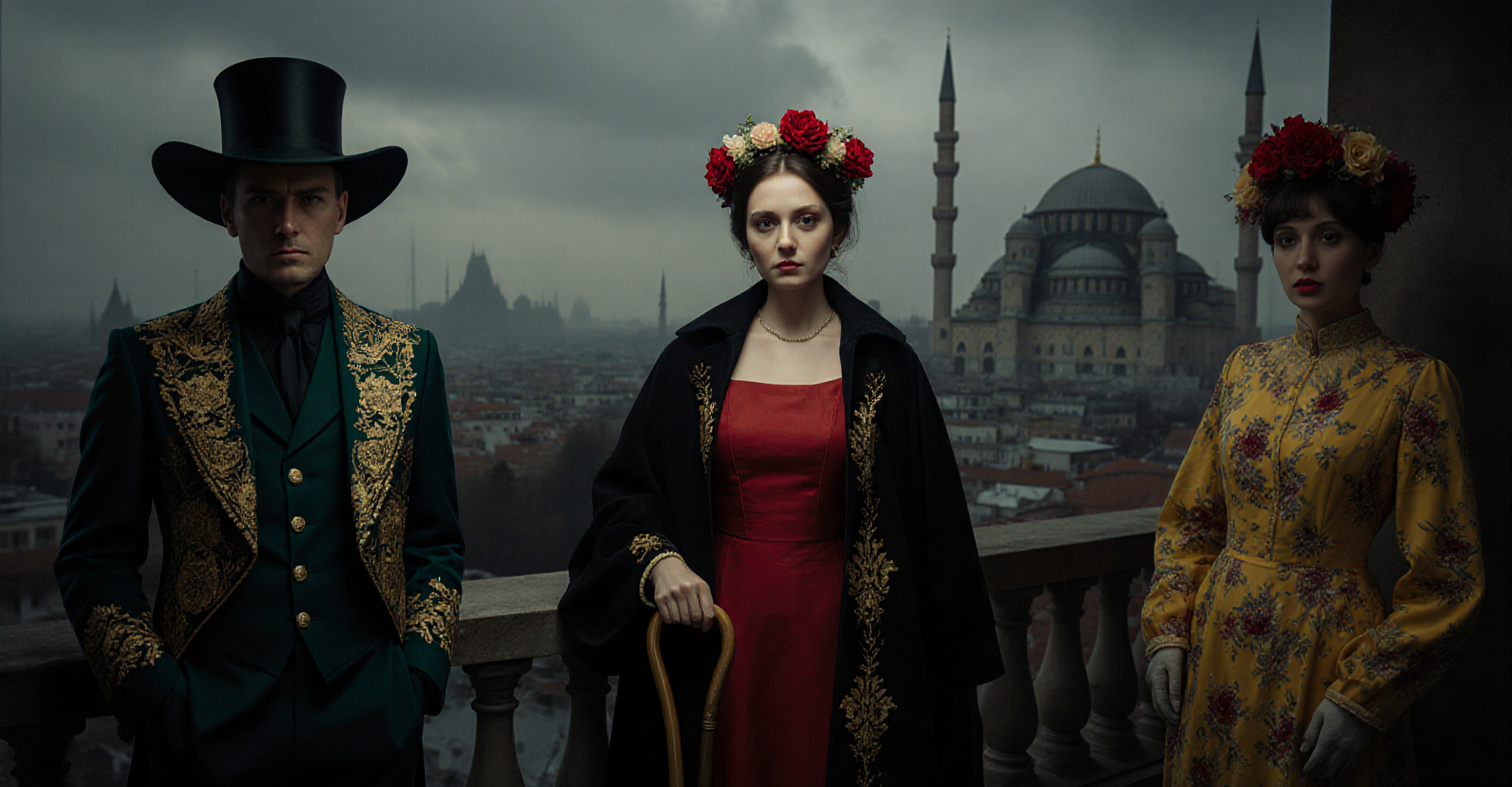 Elegantly dressed figures on balcony with cityscape background.