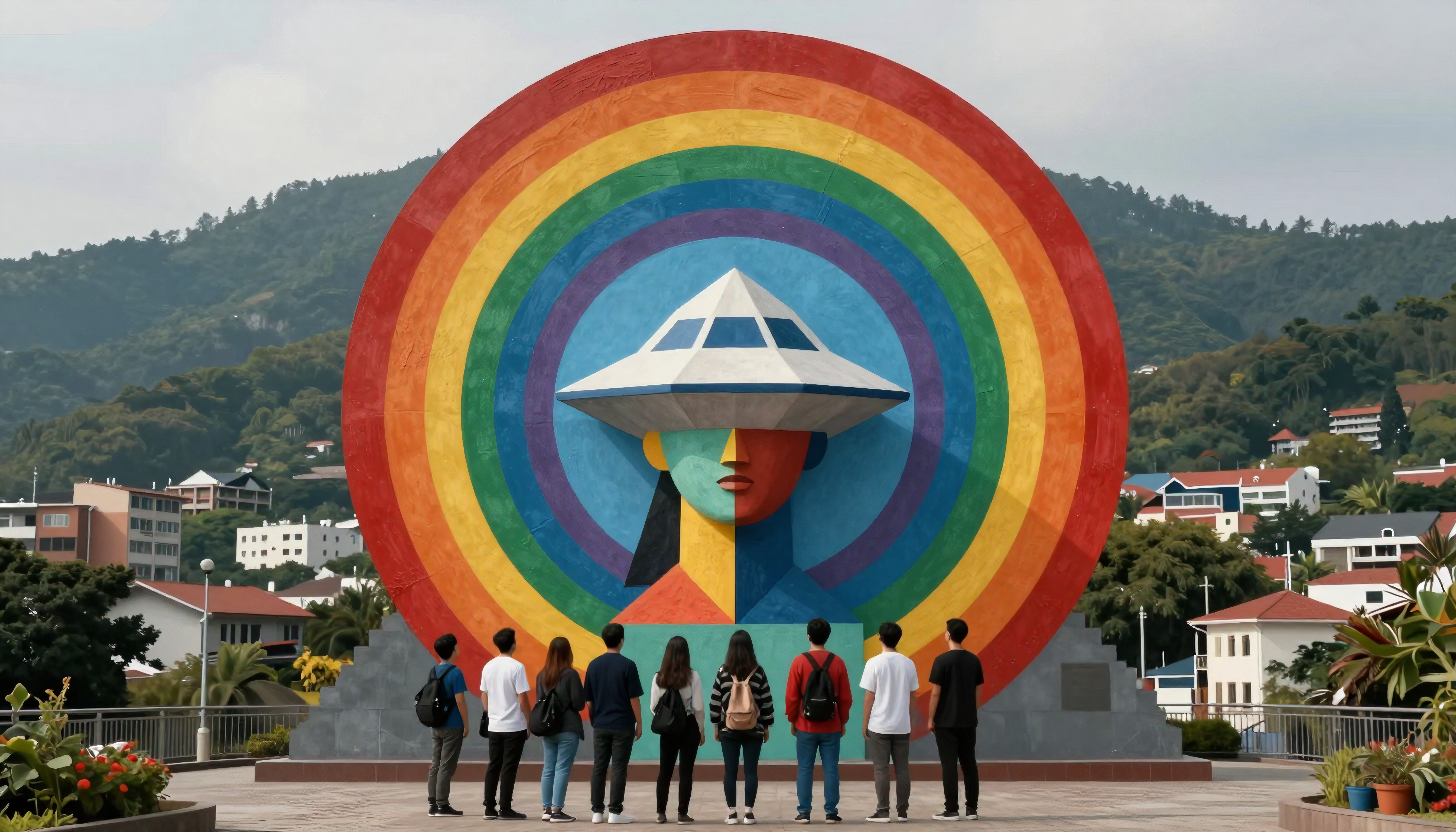 Vibrant Rainbow UFO Mural with Group of Visitors in Mountain Tow