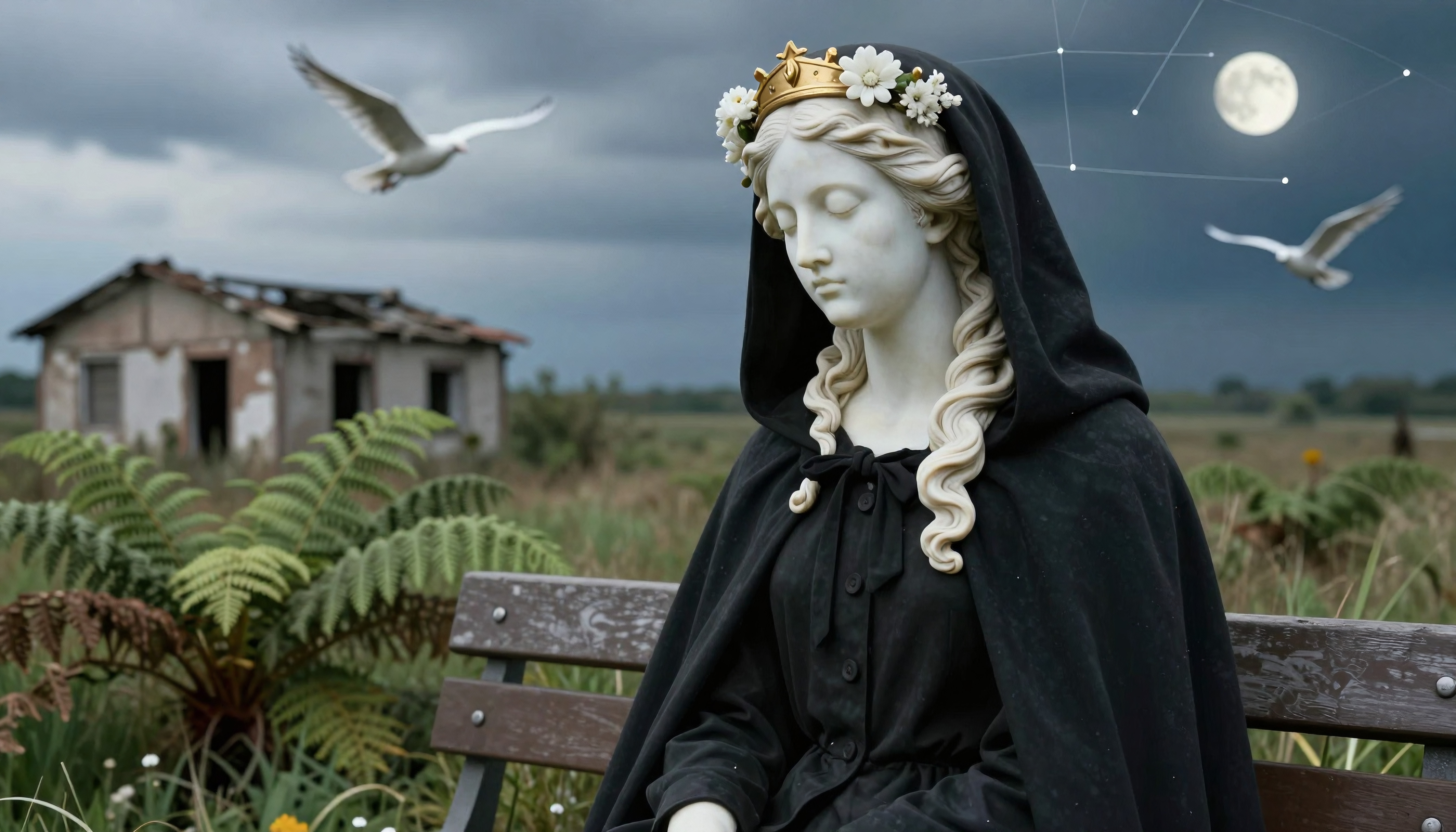 Serene crowned statue sitting on bench near ruined house under cloudy sky with flying gulls and glowing moon