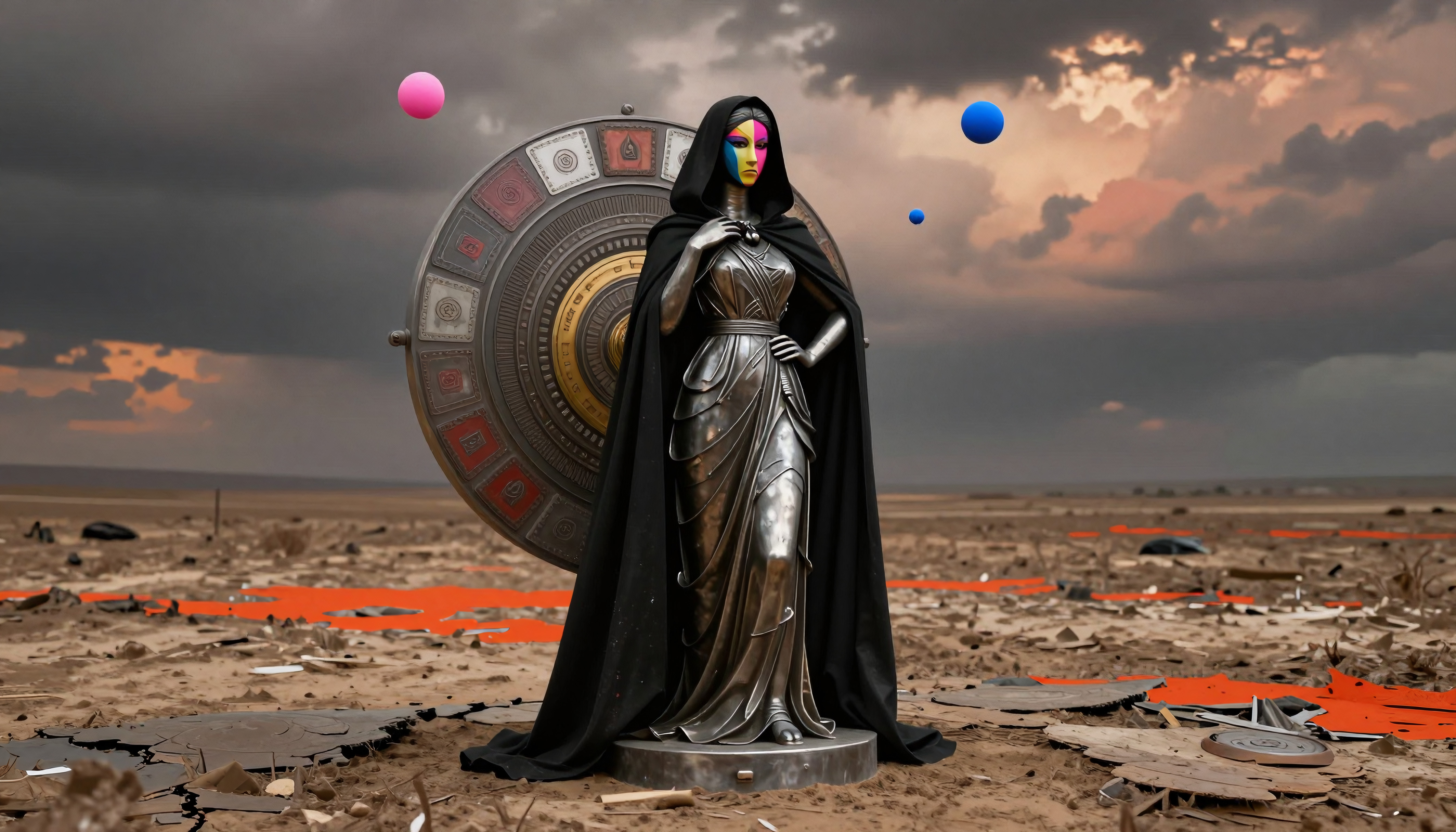 Metallic Hooded Figure Statue in Post-Apocalyptic Desert