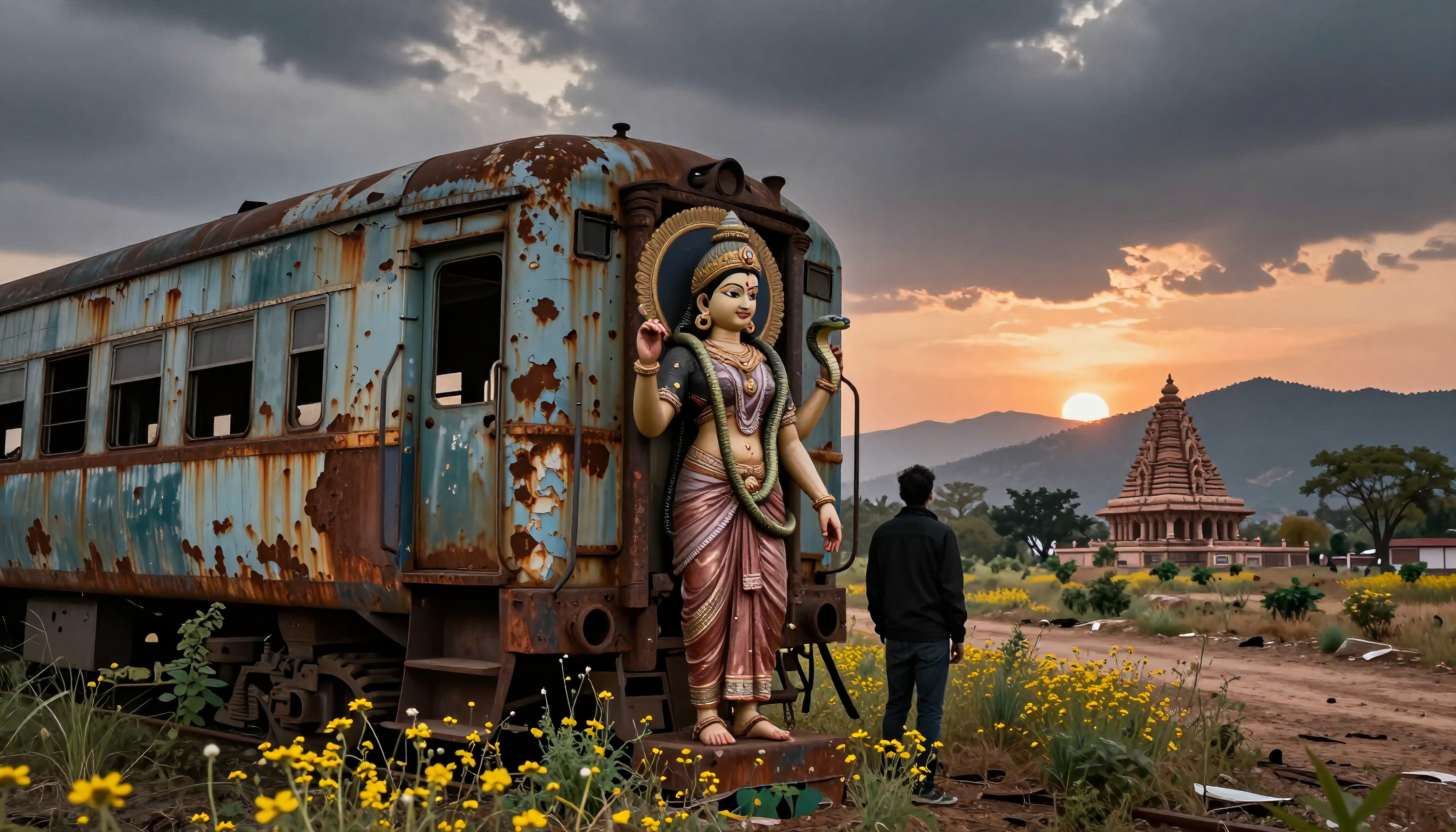 A rusted train, statue, temple, sunset create a serene landscape contrast.