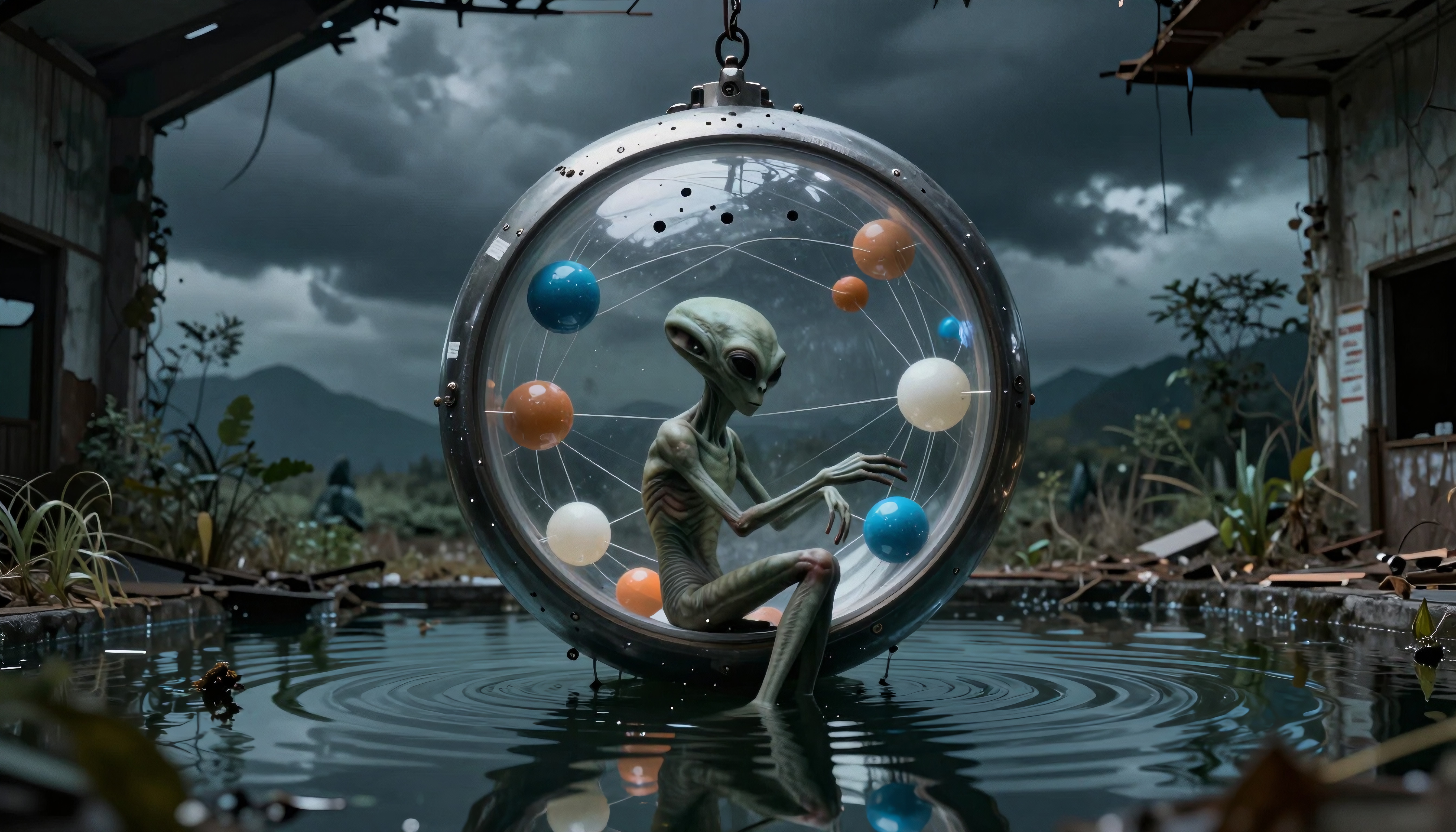 An alien creature in a transparent orb with colorful spheres floats above water in an abandoned building with mountains in the background.