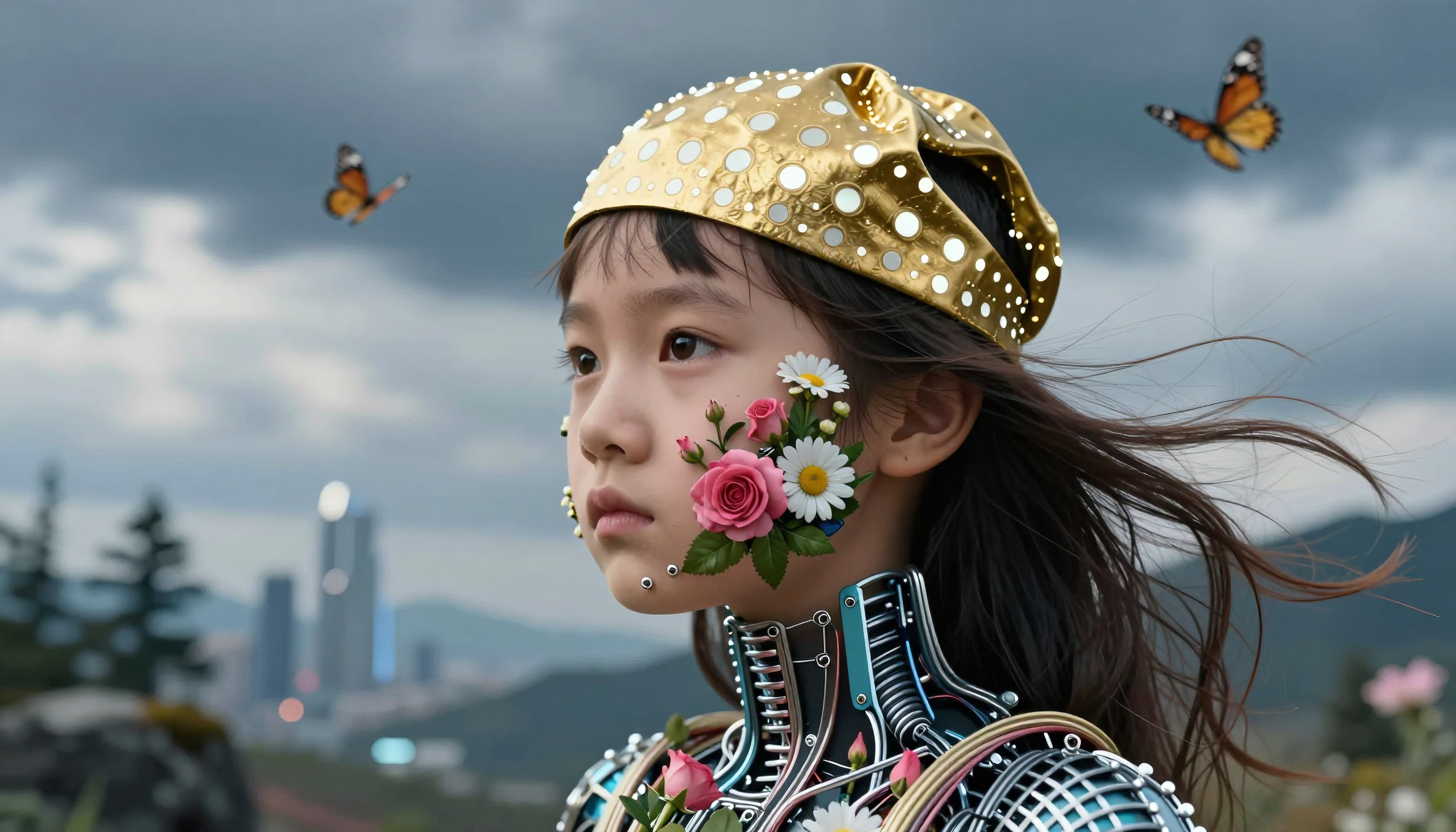 A young child with a golden headpiece and robotic neck accents a