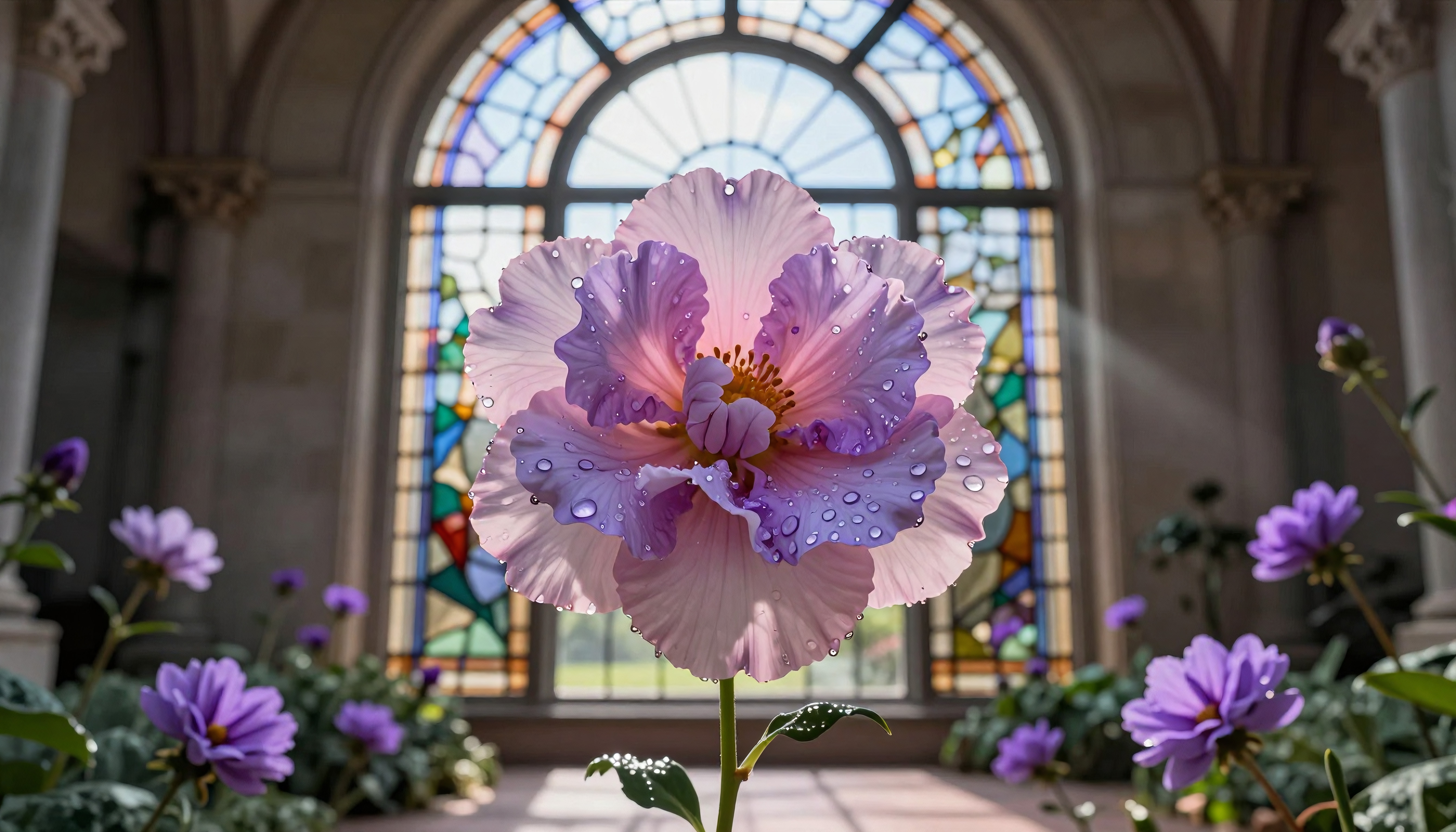 Close-up of a Dew-Kissed Pink and Purple Peony Bloom in a Grand
