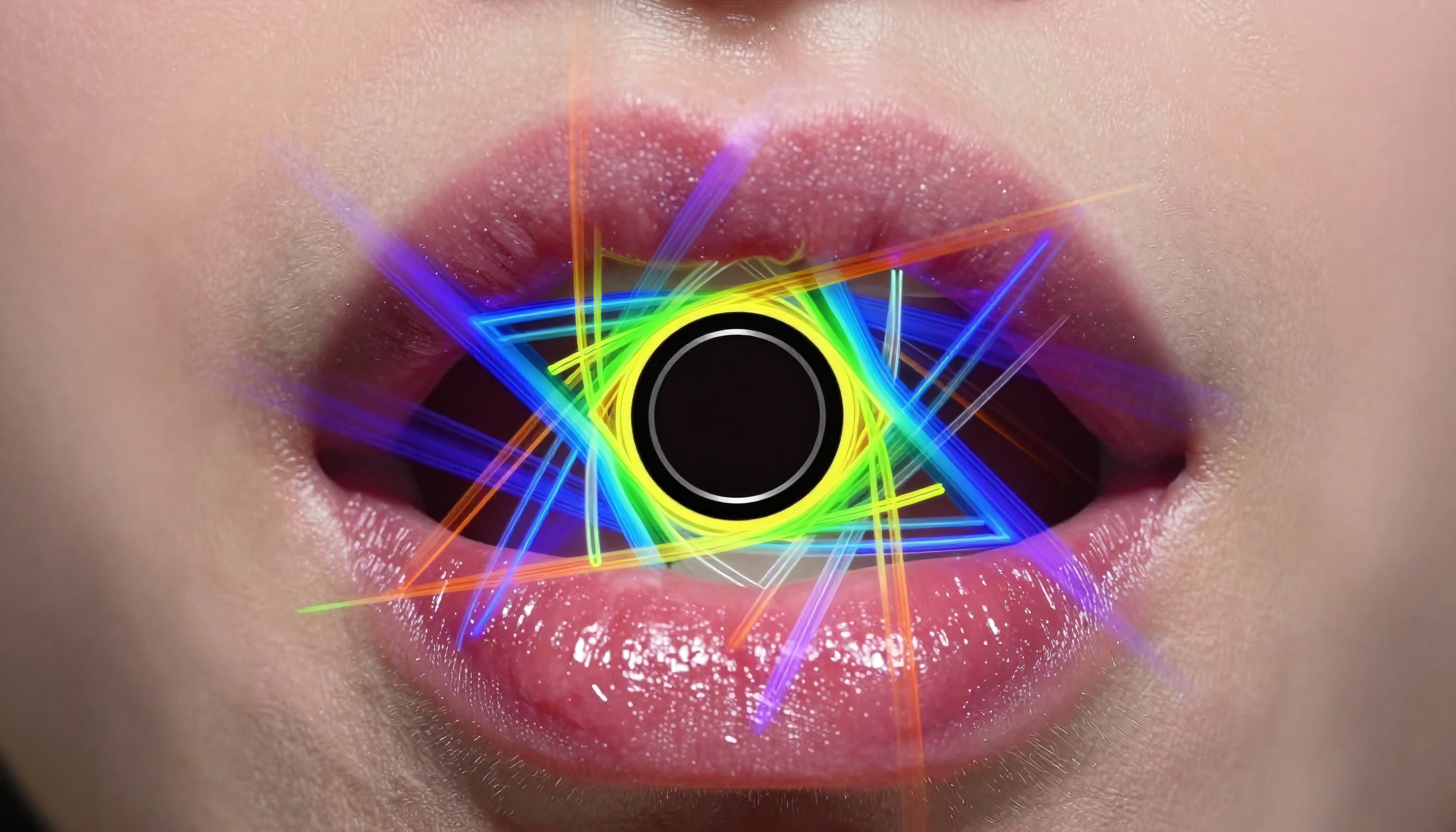 A close-up of lips with colorful beams radiating from a central circle, creating a surreal visual effect.