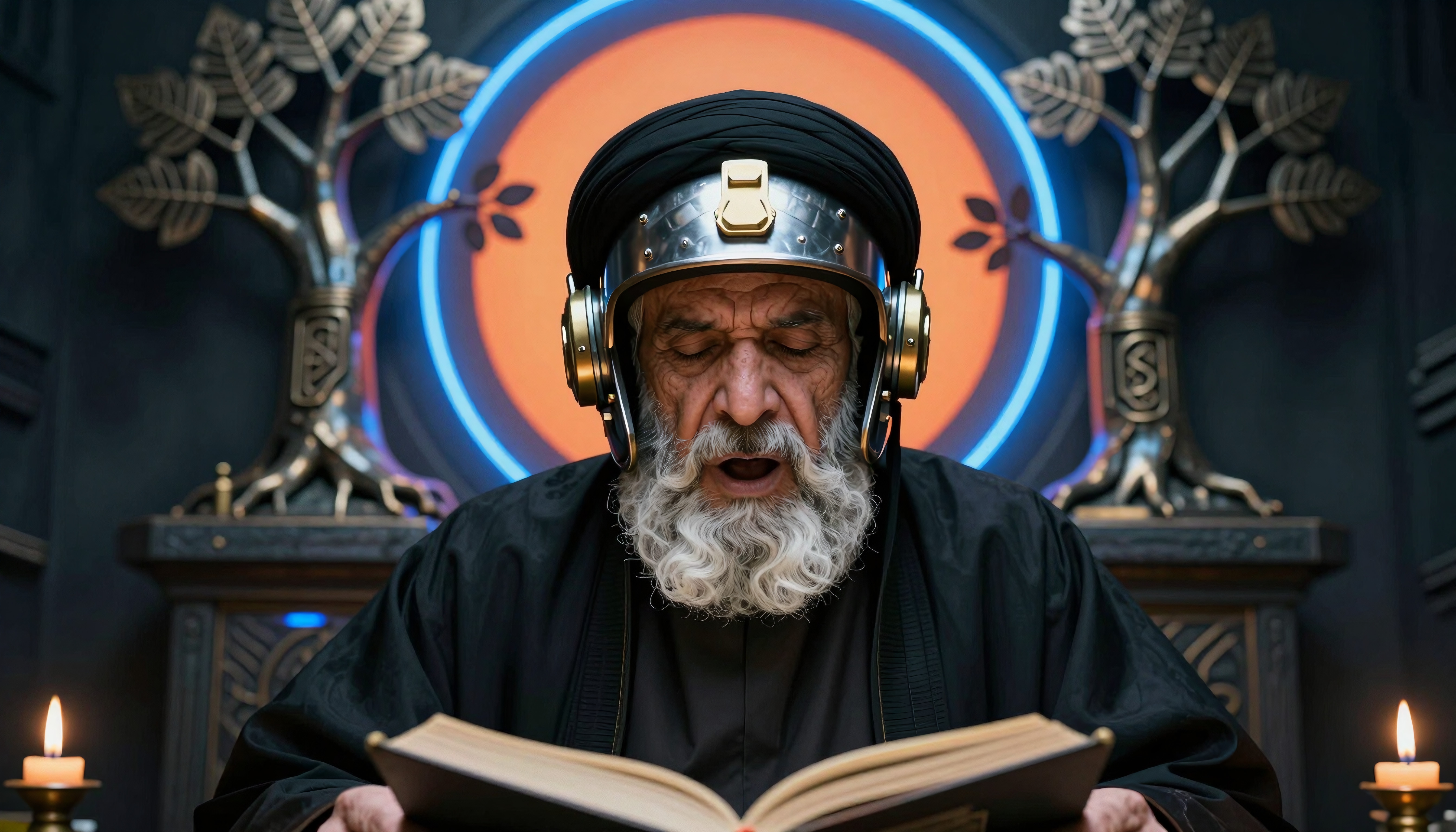 Elderly man with futuristic headgear, reading from a book in a mystical setting with illuminated backdrop and metal trees.
