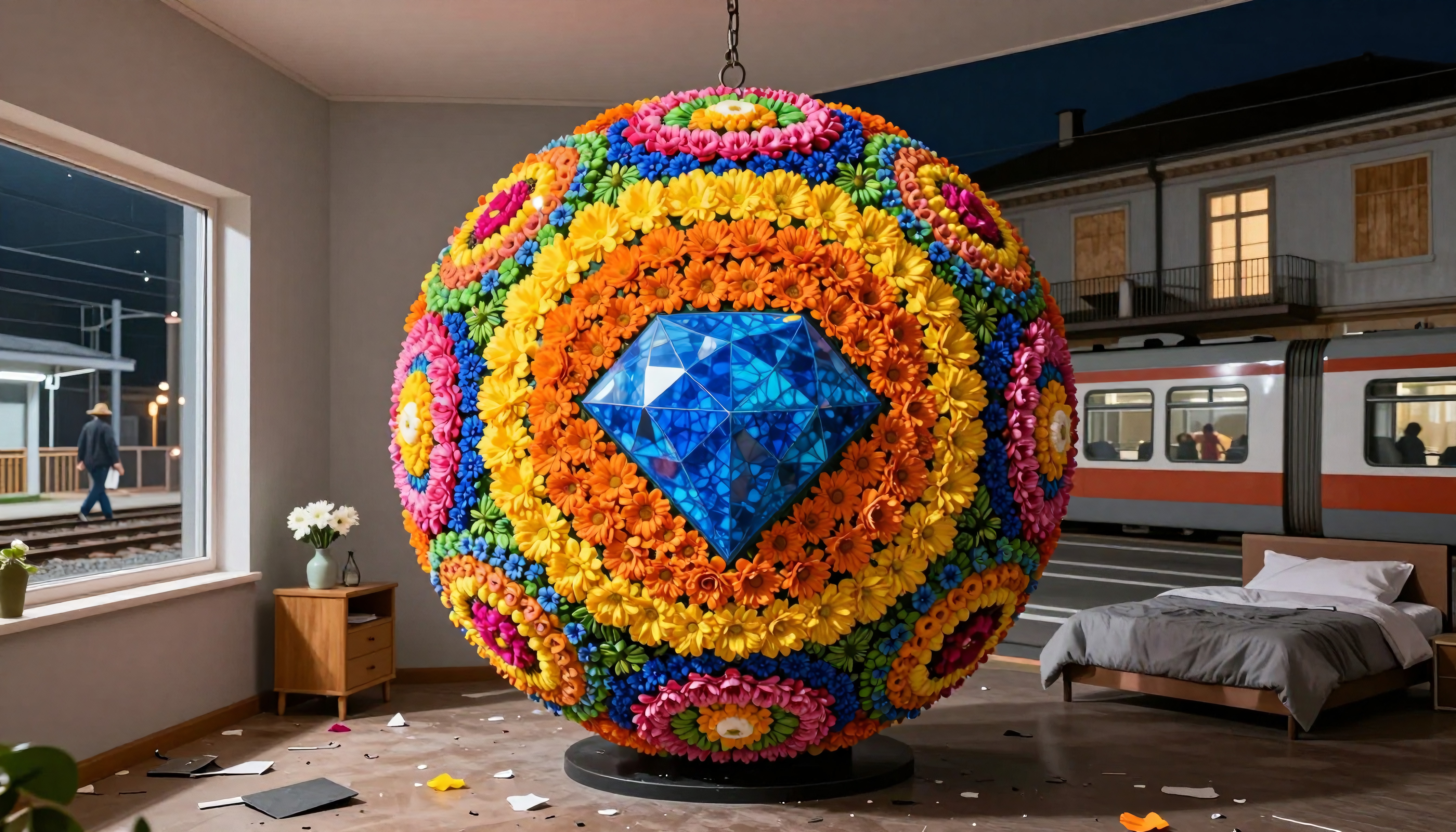 A vibrant floral sphere with a central blue crystal in a modern room with a view of a train station.