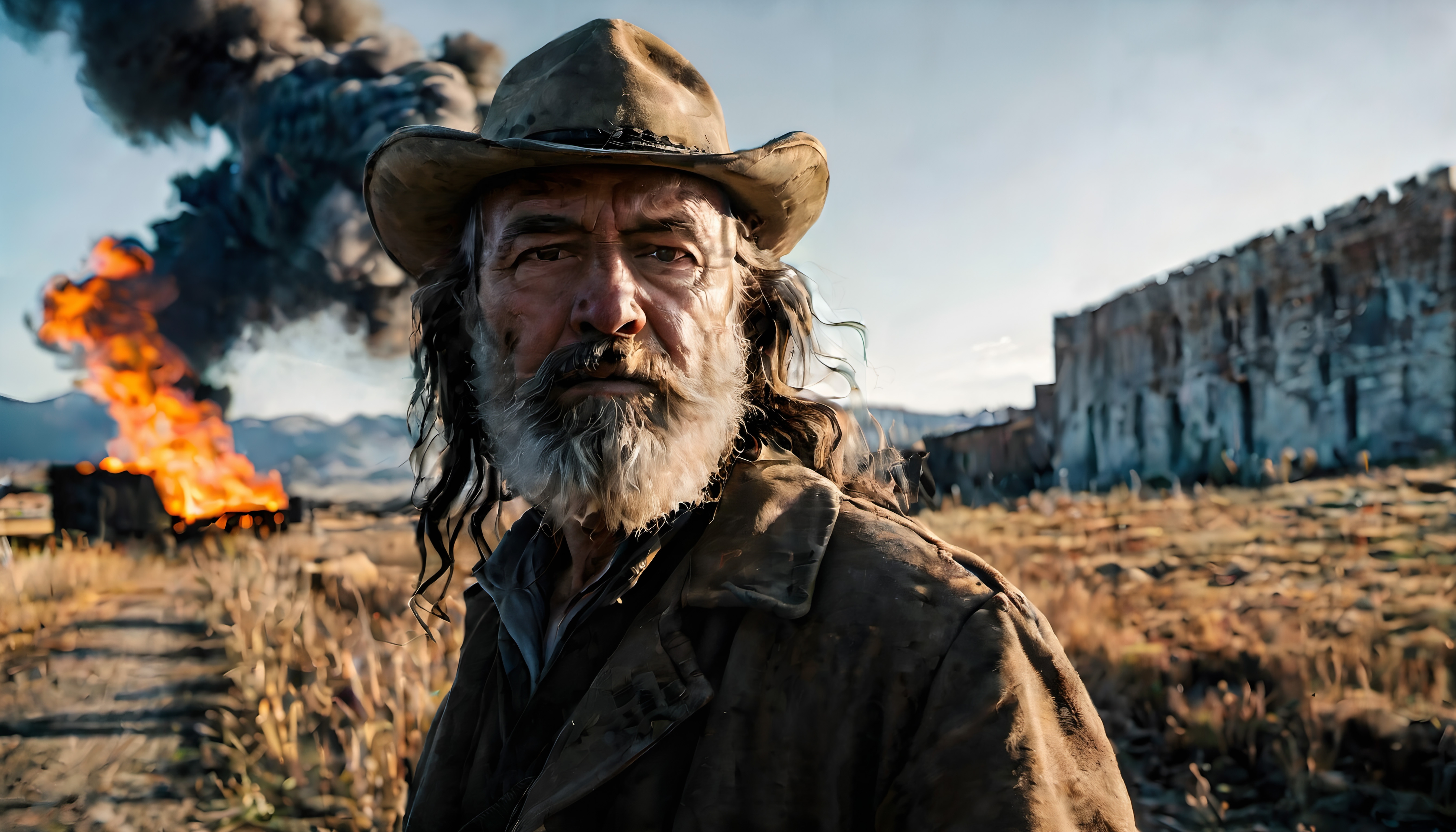 A rugged man in a cowboy hat stands in front of a burning landscape with thick smoke.