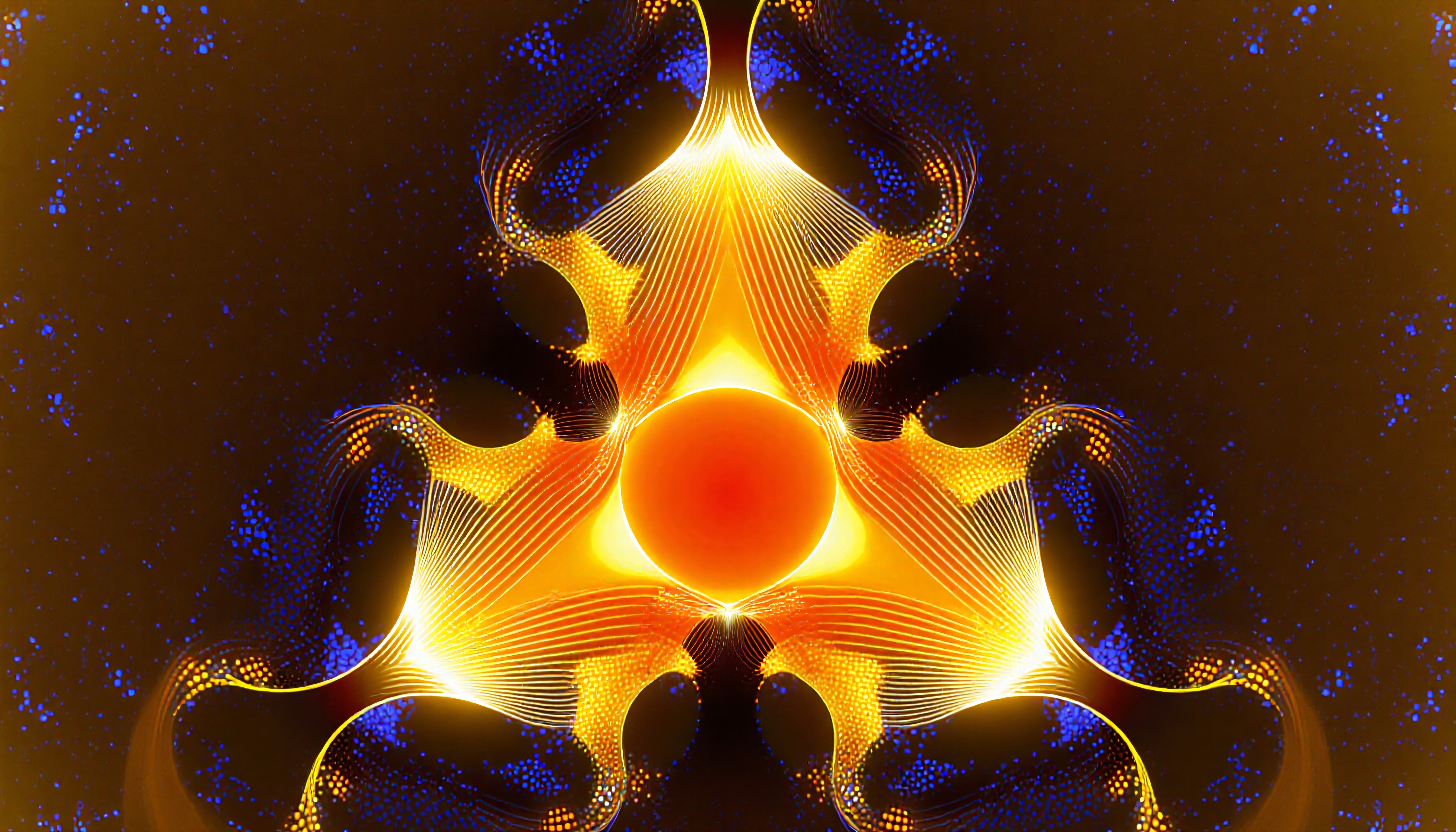 A vibrant abstract design with a glowing red center surrounded by radiant yellow lines and contrasting blue dots on a dark background.