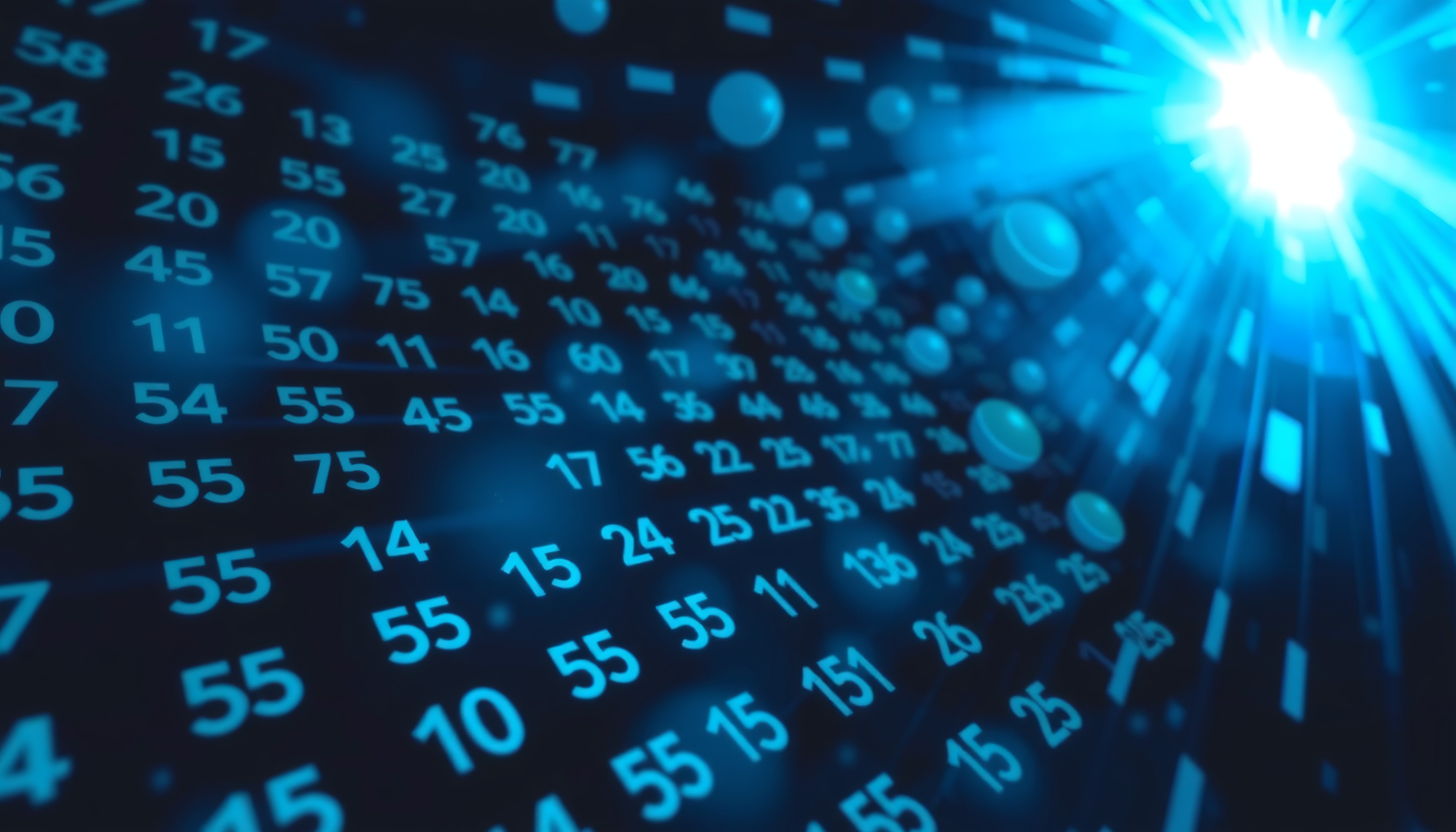 Blue digital tunnel filled with floating numbers and glowing particles representing advanced tech and data analysis concepts