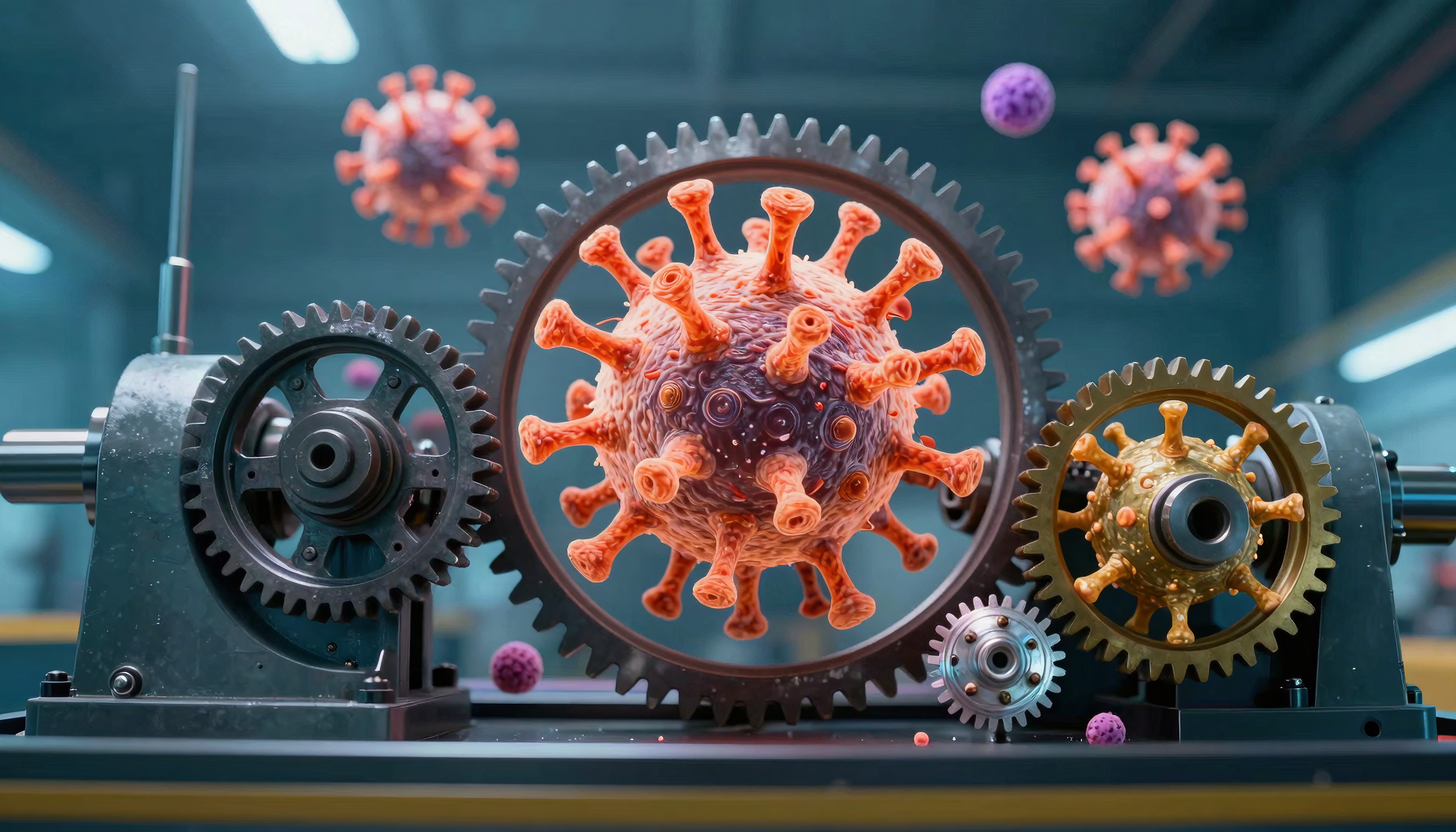 A detailed conceptual illustration of a virus entangled with mechanical gears.