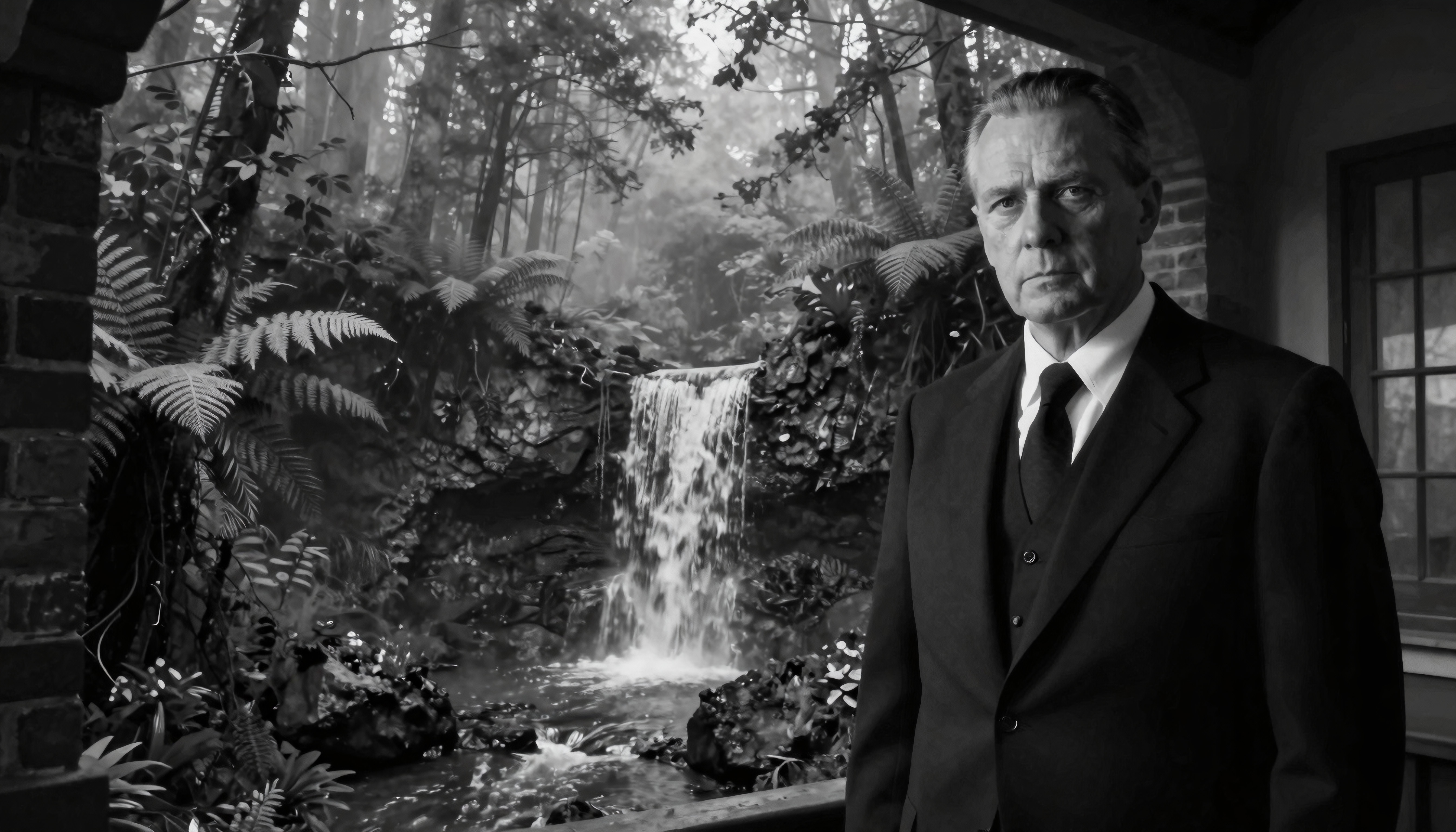 A serious man in a suit stands in front of a lush forest waterfall background.