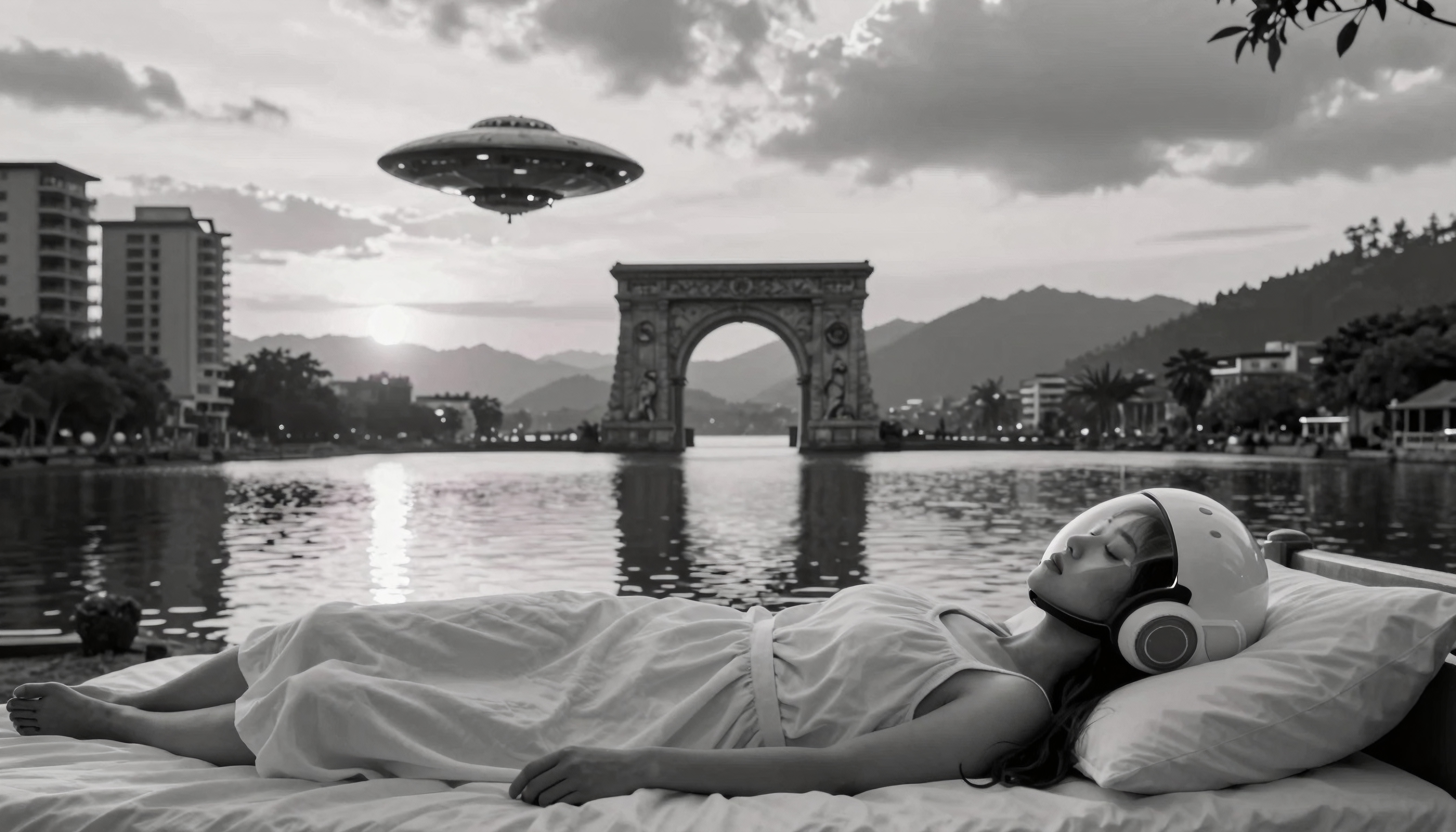 A woman sleeps beside water under a UFO.