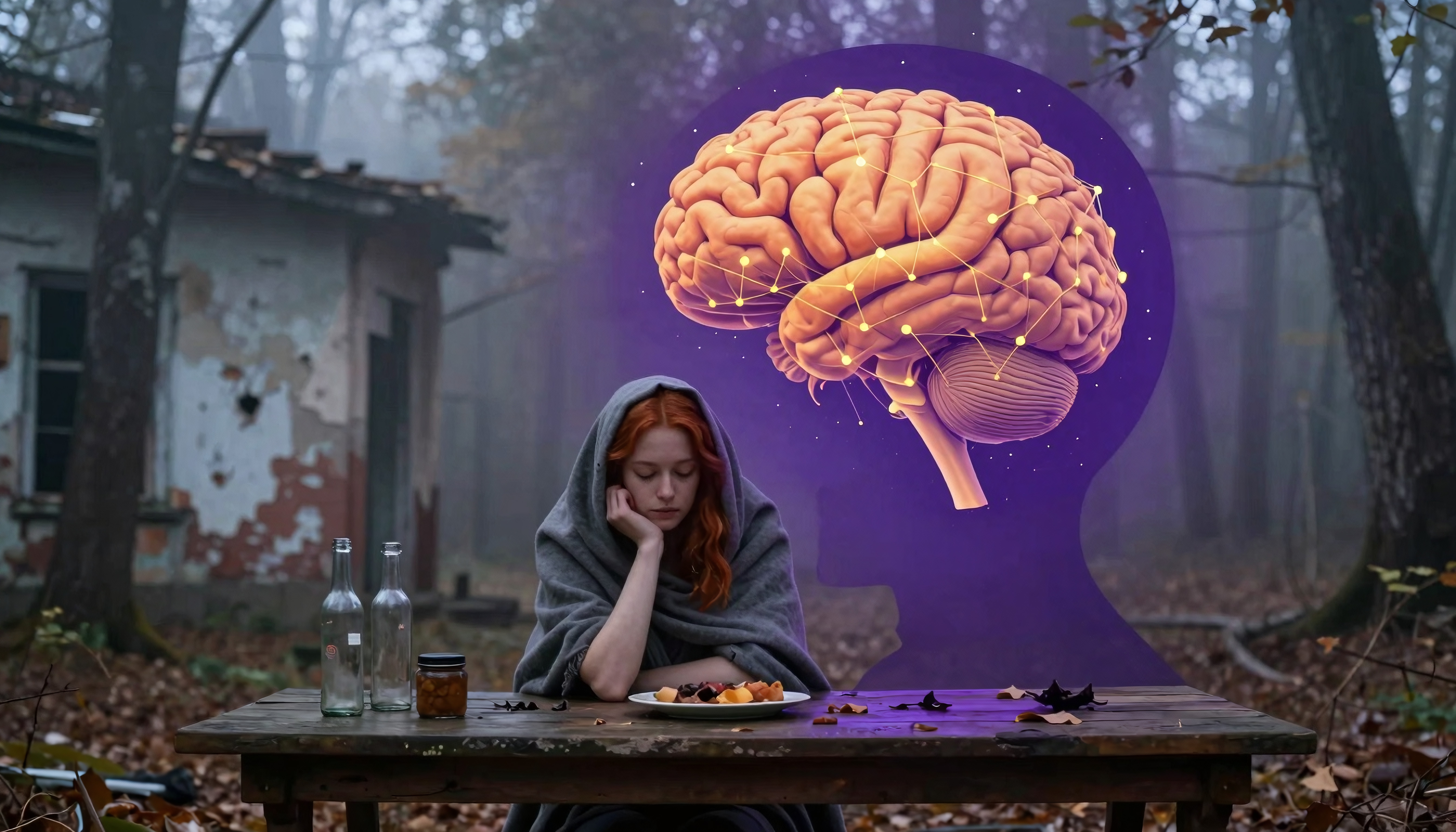 Pensive woman in a mystical forest setting with surreal illuminated brain backdrop.