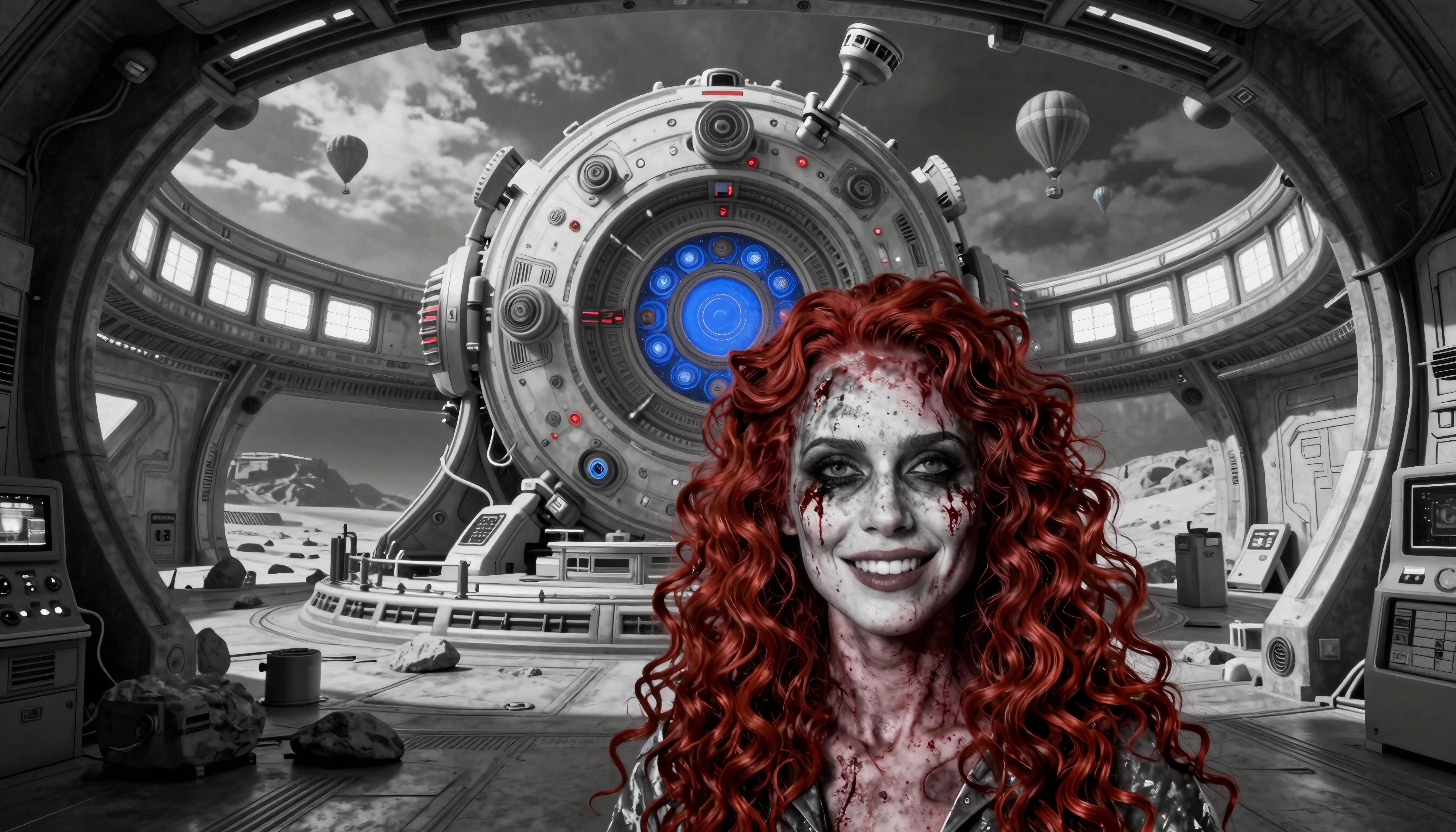 A woman with striking red hair stands inside a futuristic space station, her face smeared with blood, contrasting against the monochrome background with a large circular control center.