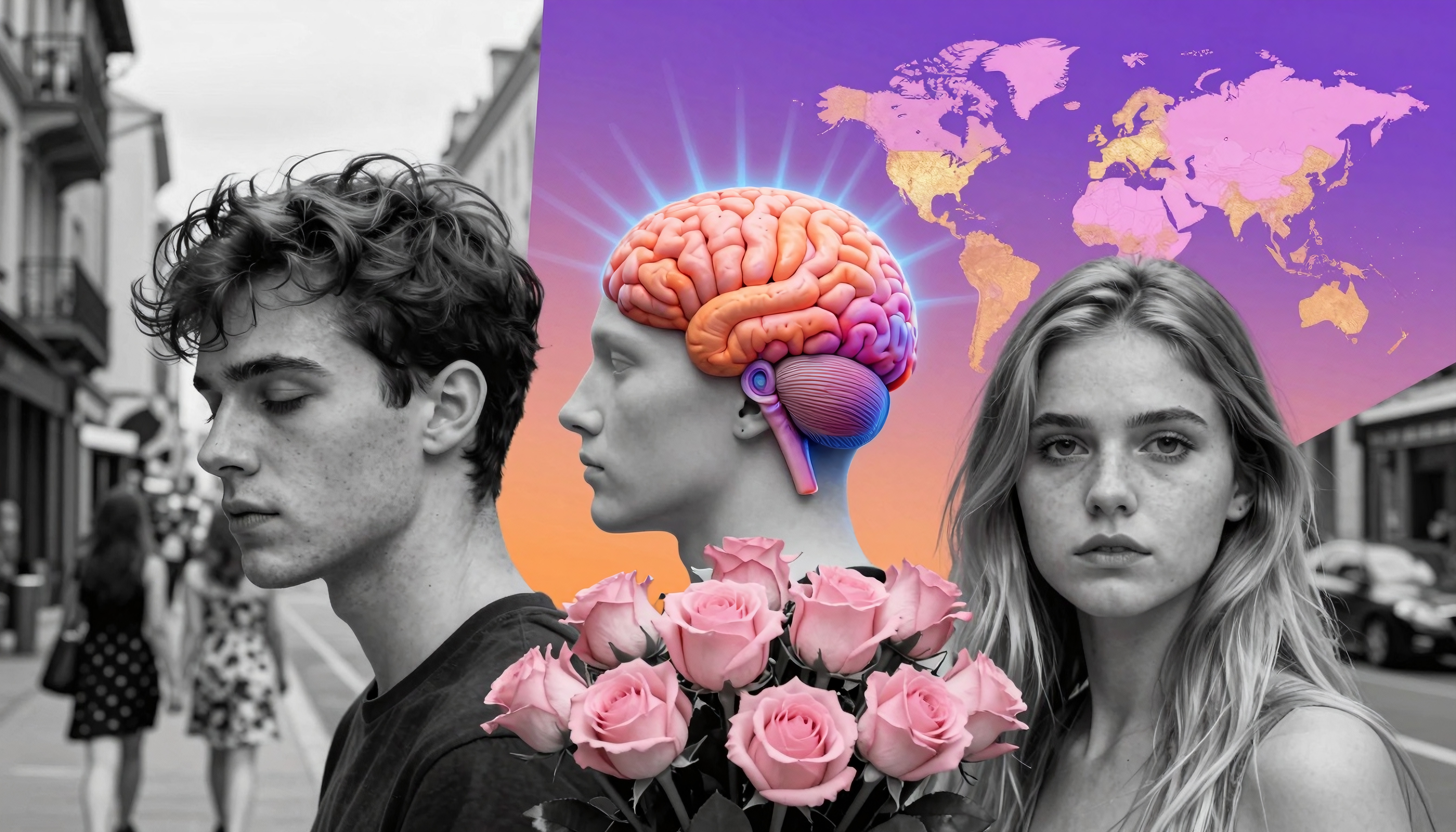 Image of three people in a street scene with a colorful brain illustration, roses, and a world map background.